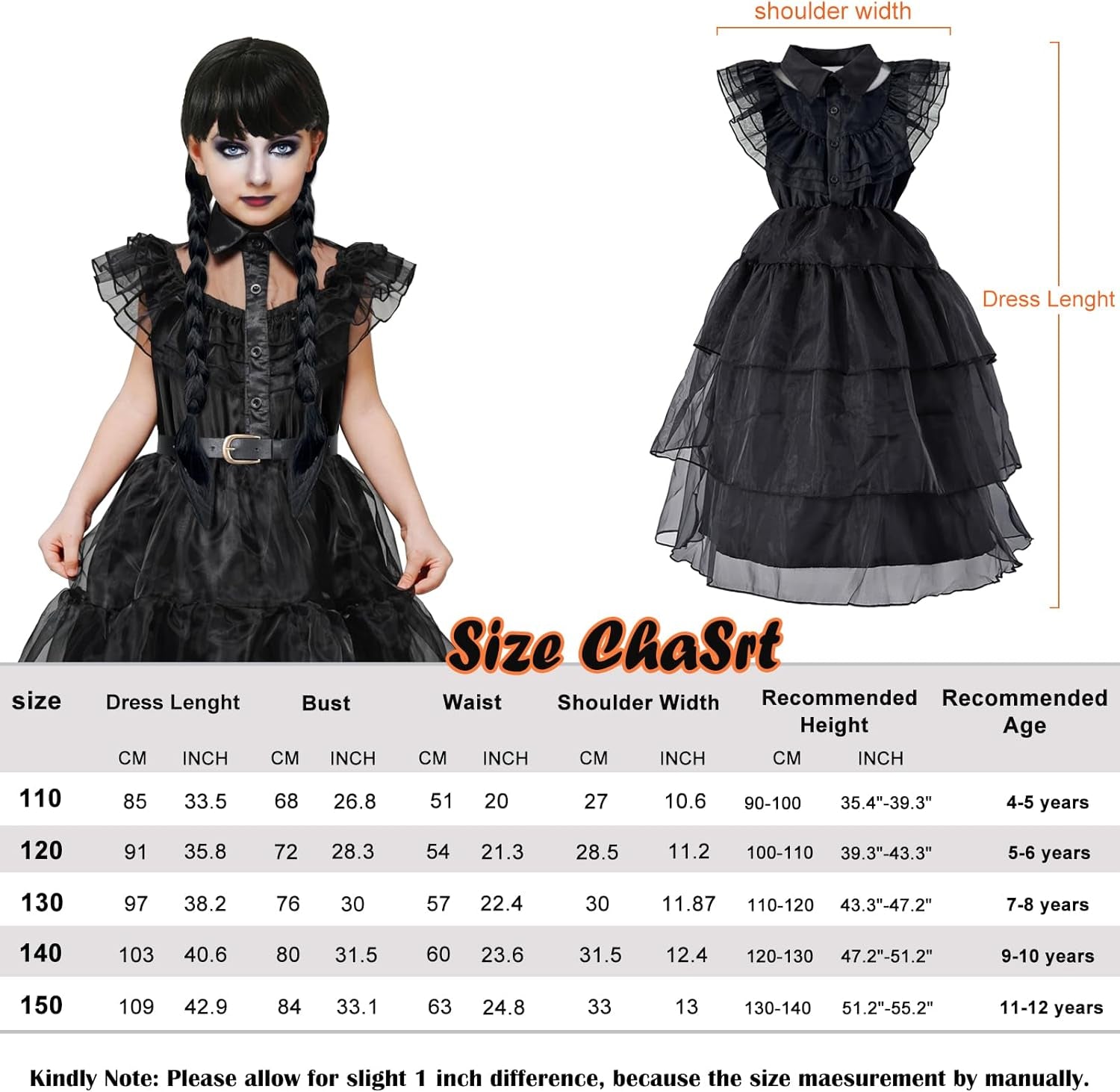Halloween Costumes for Girls with Black Dress,Wig,Socks,Belt,Black Girls Halloween Costumes,Costumes for Girls