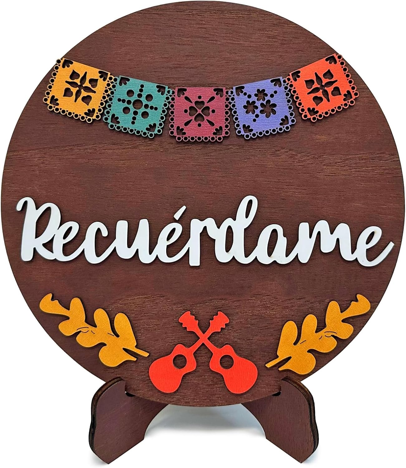 Day of the Dead Decorations, Dia De Los Muertos Decorations, Recuerdame Dia de Los Muertos Wood Sign for Ofrenda, Round Altar De Muertos Decorations with Small Wood Stand for Halloween Party