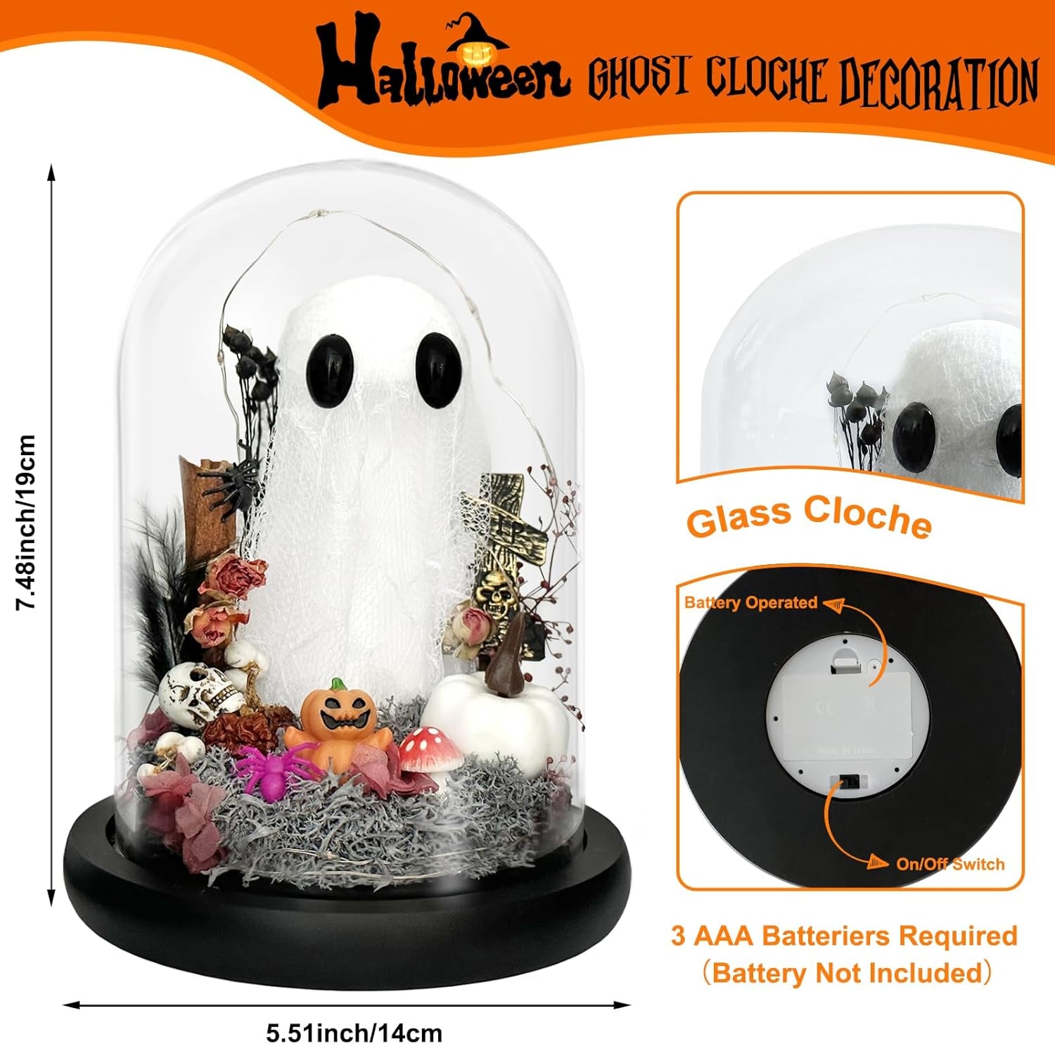Ghost Halloween Decor, Light Up Ghost in Glass Cloche, Light Up Halloween Decorations Indoor, Cute Ghost with Light for Halloween Gifts Spooky Gift, Goth Gift, Pet Ghost, Desk Buddy