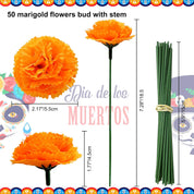 50Pcs Marigold Flowers Heads with Stems, Silk Marigolds Artificial Flowers for Dia De Los Muertos, Orange Cempasuchil Flower Bulk for Day of the Dead Altar Ofrenda, Diwali, Party, Halloween,Home Decor