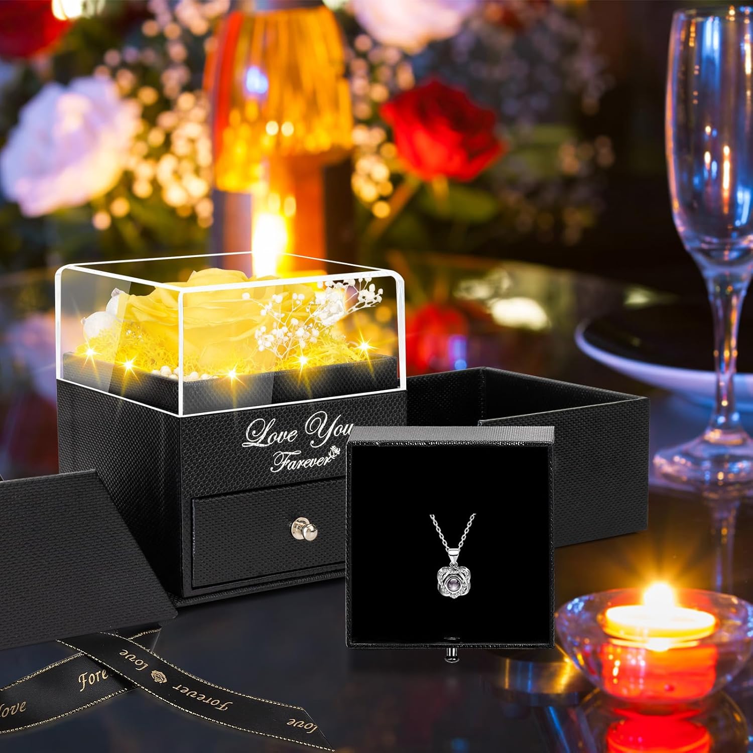 Apragaz Preserved Yellow Real Rose with Heart I Love You Necklace -Eternal Flowers Rose Birthday Gifts for Her Mom Wife Girlfriend Grandma on Valentines Mothers Day Christmas Anniversary Romantic -Birthday Gifts for Women