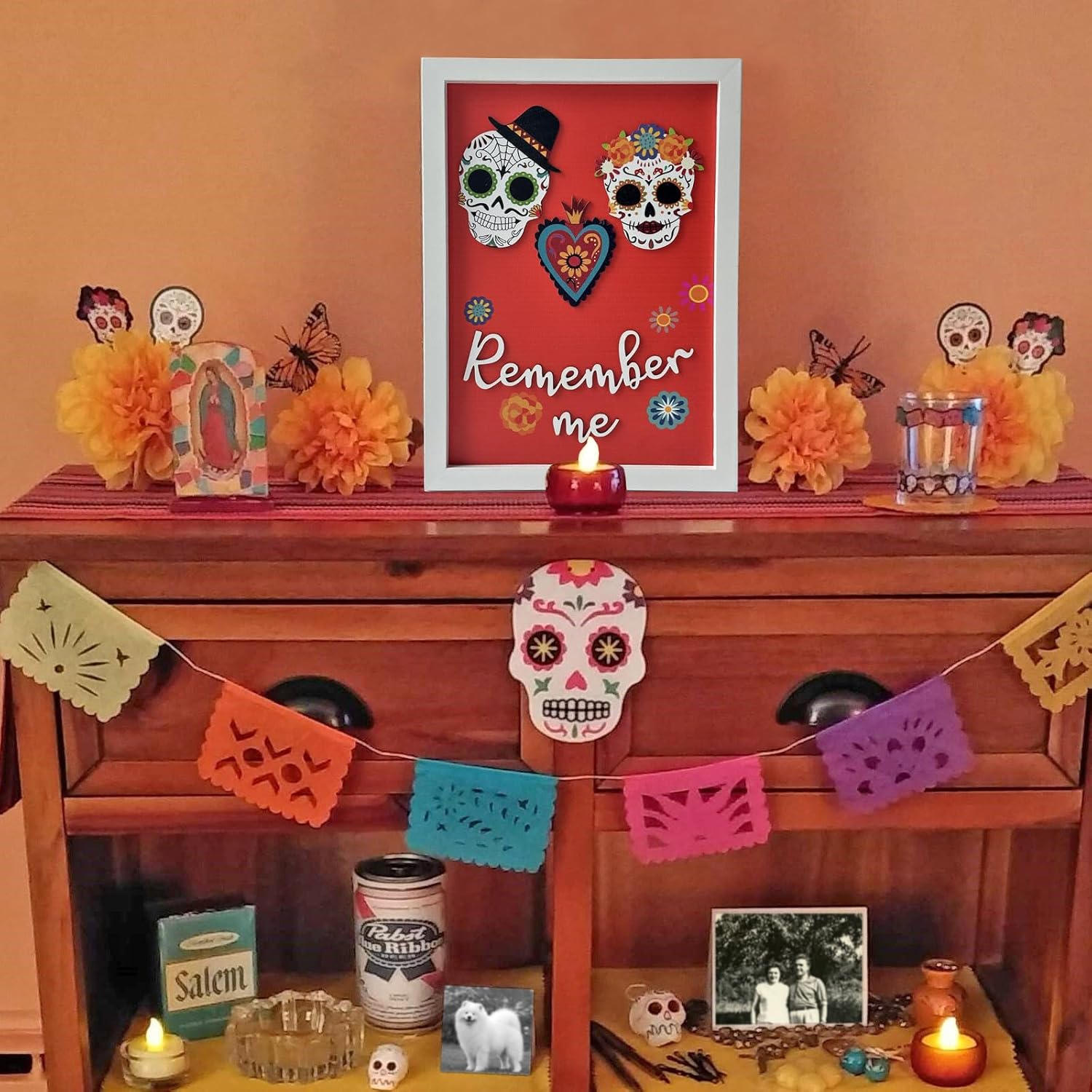 Dia De Los Muertos Decorations, Day of the Dead Decorations, Recuerdame Dia de Los Muertos Wood Sign for Ofrenda, 3D Sugar Skull for dia de los muertos altar(Framed, 8x12 Inch)