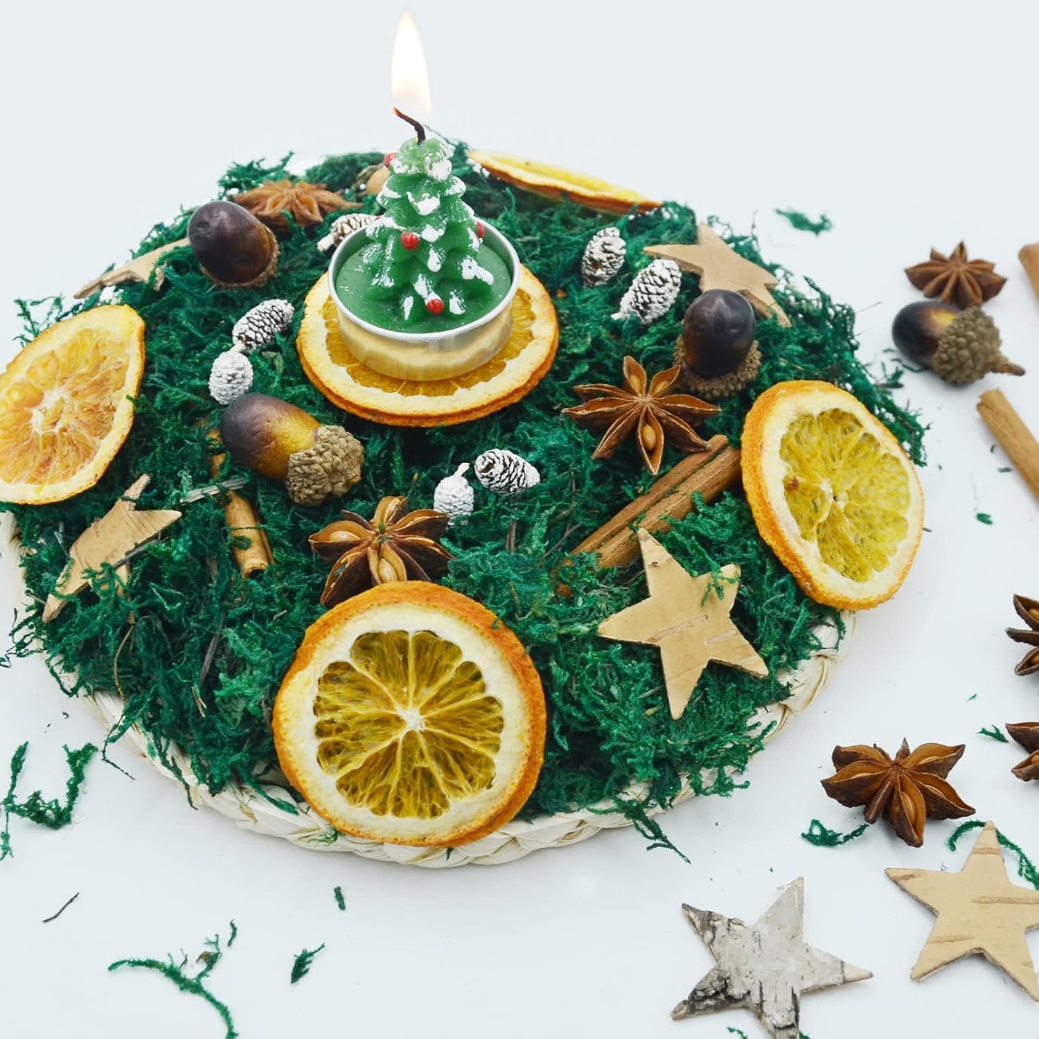 Christmas Potpourri Bowl Filler, 6.09 OZ Christmas Bowl Filler, Dried Orange Slices Cinnamon Scented Potpourri, Holiday Dark Green Moss Potpourri Bowl Filler Xmas Table Centerpiece Decor (Dark Green)