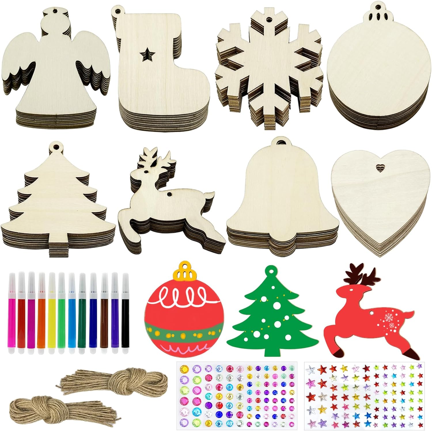 80 Pcs Wooden Christmas Ornaments for Crafts, 8 Styles Unfinished Wood Ornaments With Pens, Gem and Star Stickers, Blank Wood Christmas Tree Ornaments for Kids Adults DIY Craft Xmas Hanging Decoration