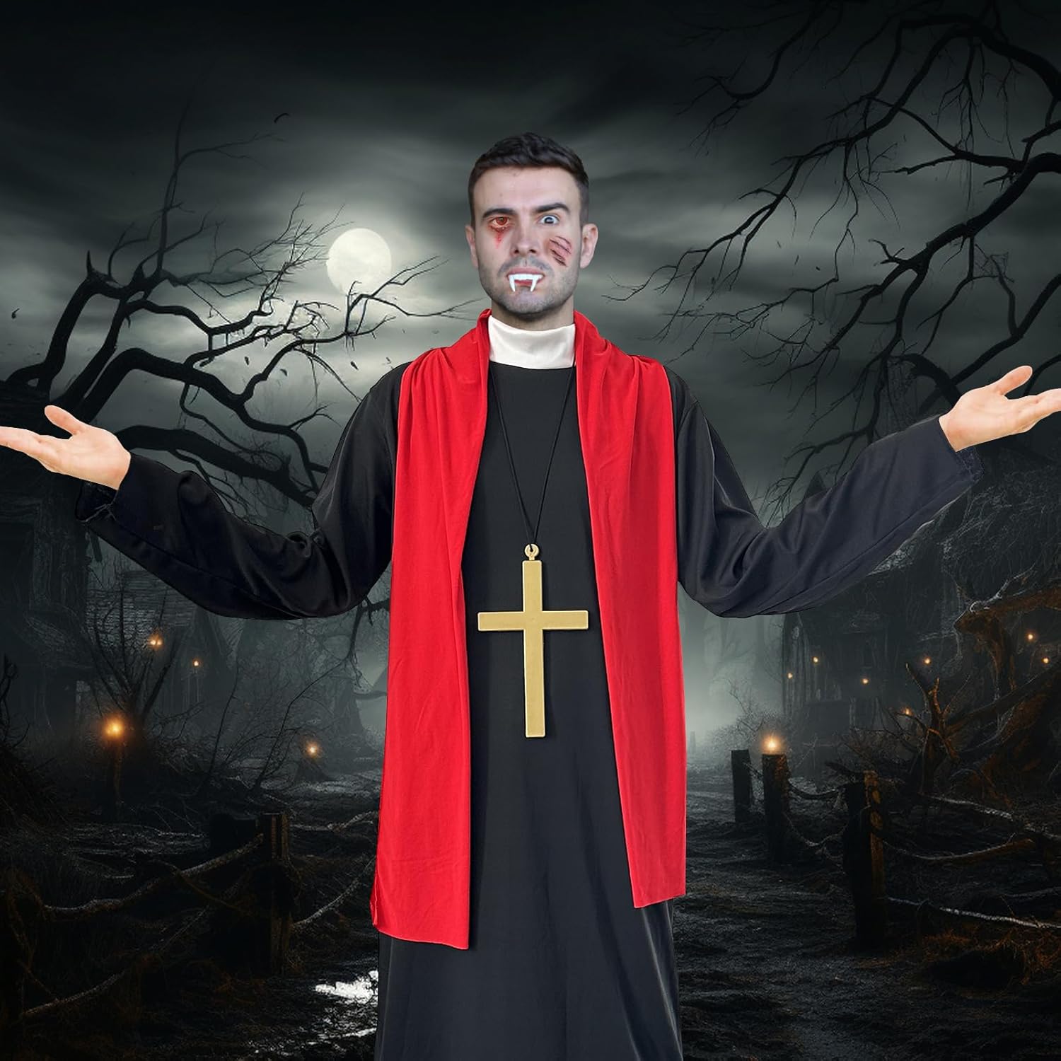3pcs Priest Costume Adult Men, Priest Costume With Plastic Monk Cross and Red Stole for Halloween Dress Up Party Cosplay