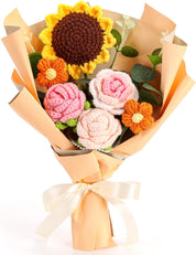 Completed Crochet Flowers Bouquet, Handmade Knitted Bouquet, Crochet Bouquet Kit Knitted Fake Sunflower Rose Daisy for Mother's Day Birthday Wedding Home Decor or Mom