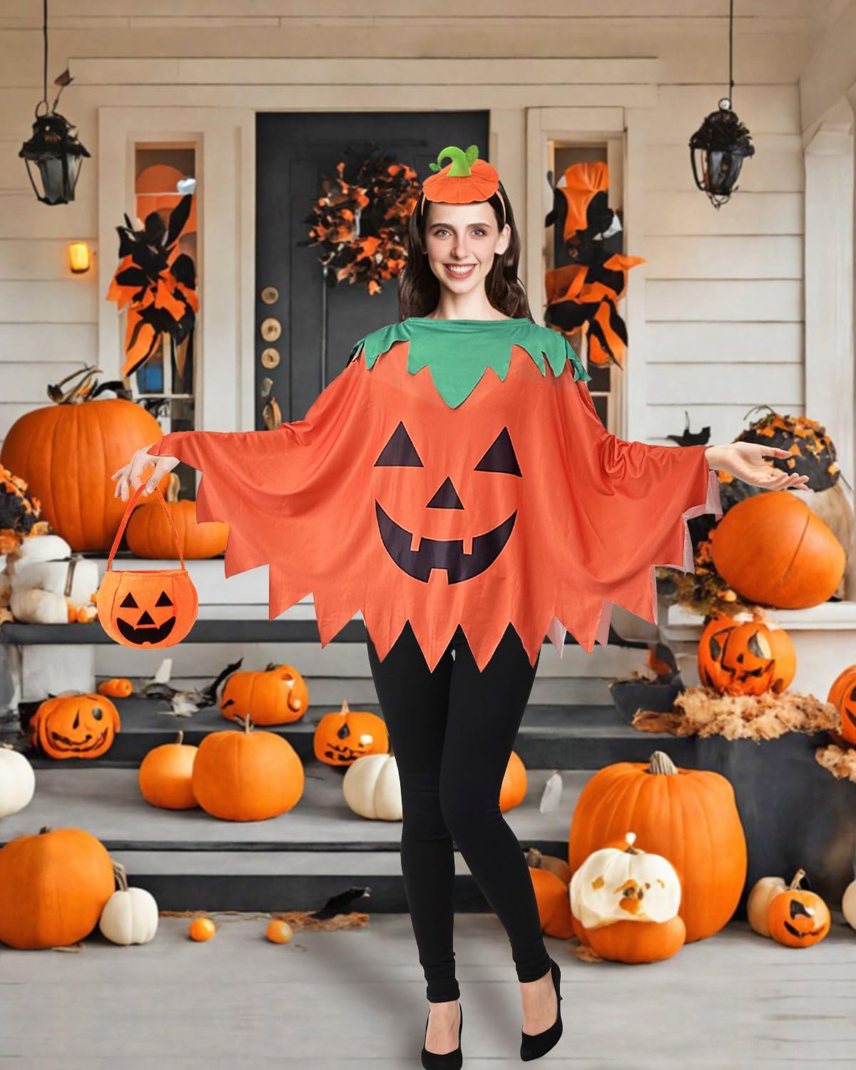Apragaz 3 Pcs Pumpkin Costume Woman, Adult Pumpkin Poncho With Headband and Candy Bag, Easy and Funny Halloween Costumes for Women