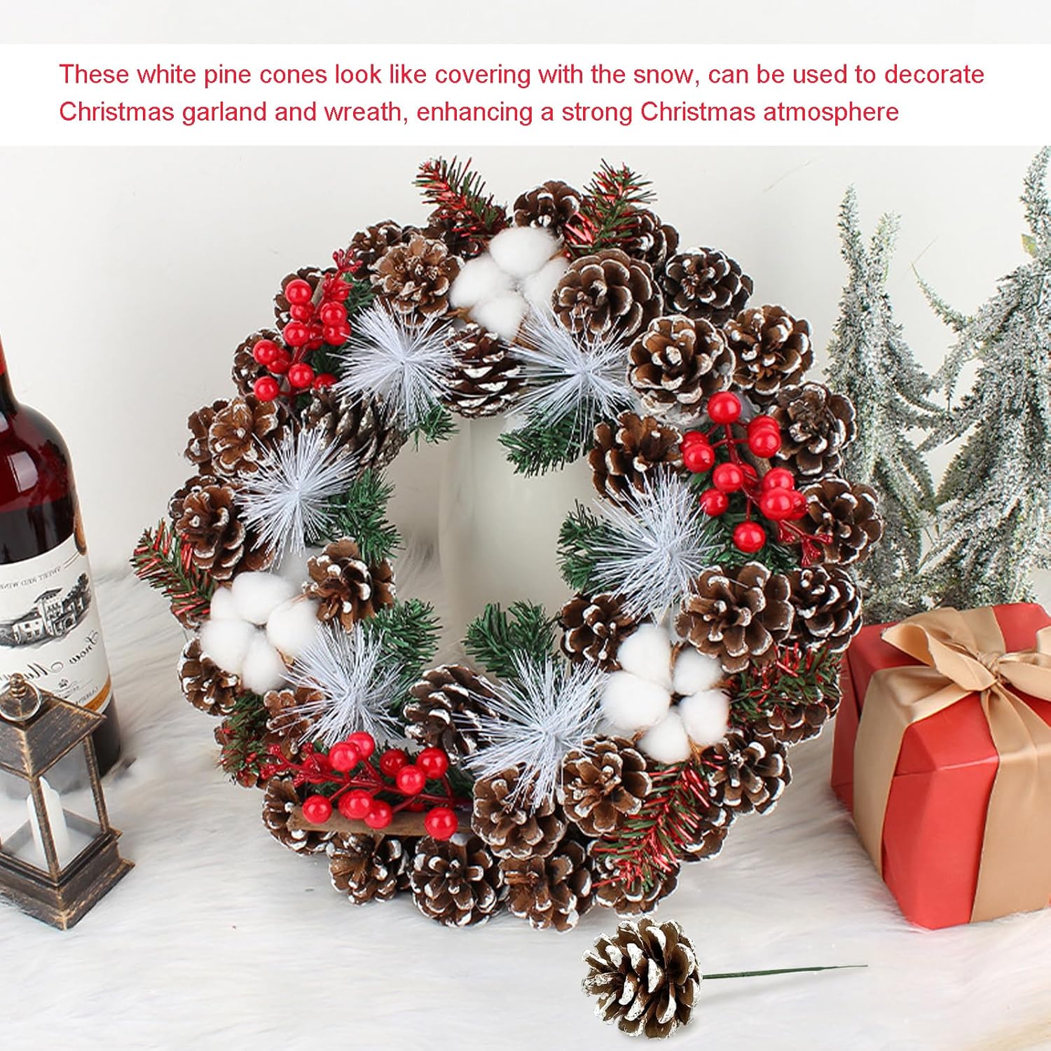 20pcs Christmas Pine Cones Picks Decorations, 2 inch Snow Pinecone Picks, Natural Pine Cones with Wired Stems for Xmas Tree, Floral Arrangements, Wreath, Crafts, Garland, Holiday Home Party Decorating