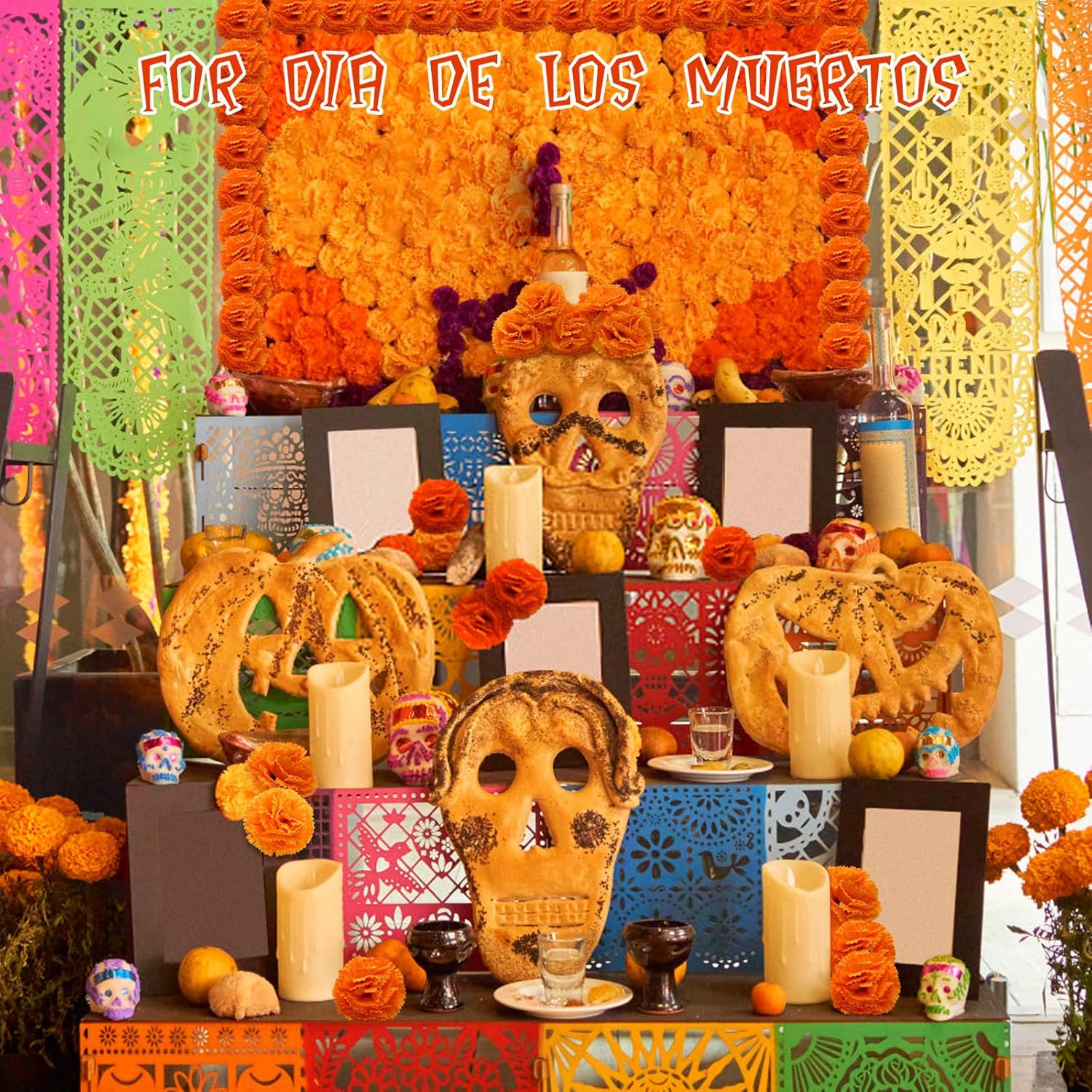 50Pcs Marigold Flowers Heads with Stems, Silk Marigolds Artificial Flowers for Dia De Los Muertos, Orange Cempasuchil Flower Bulk for Day of the Dead Altar Ofrenda, Diwali, Party, Halloween,Home Decor