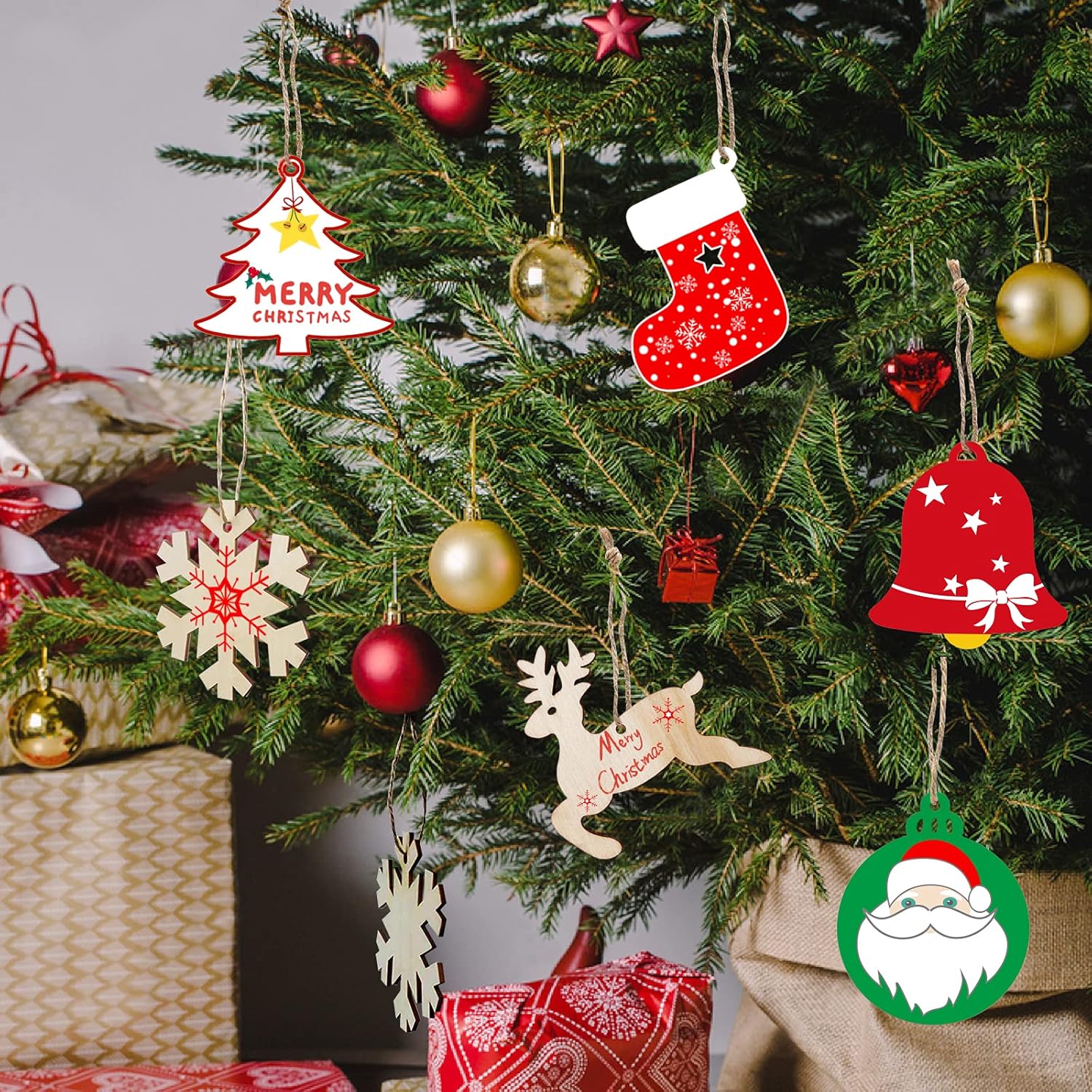 80 Pcs Wooden Christmas Ornaments for Crafts, 8 Styles Unfinished Wood Ornaments With Pens, Gem and Star Stickers, Blank Wood Christmas Tree Ornaments for Kids Adults DIY Craft Xmas Hanging Decoration