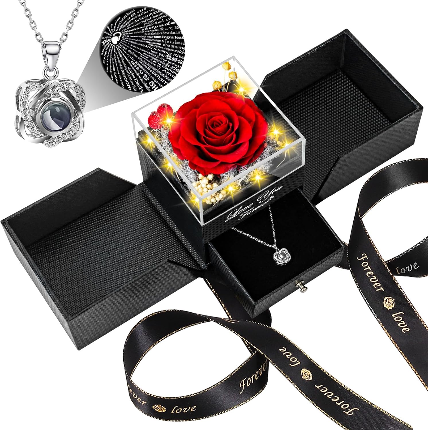 Apragaz Preserved Red Real Rose with Heart I Love You Necklace -Eternal Flowers Rose Birthday Gifts for Women Her Mom Wife Girlfriend Grandma on Valentines Mothers Day Christmas Anniversary Romantic-Red-Flowers In a Box-Made Of Real Nature Fresh Flowers