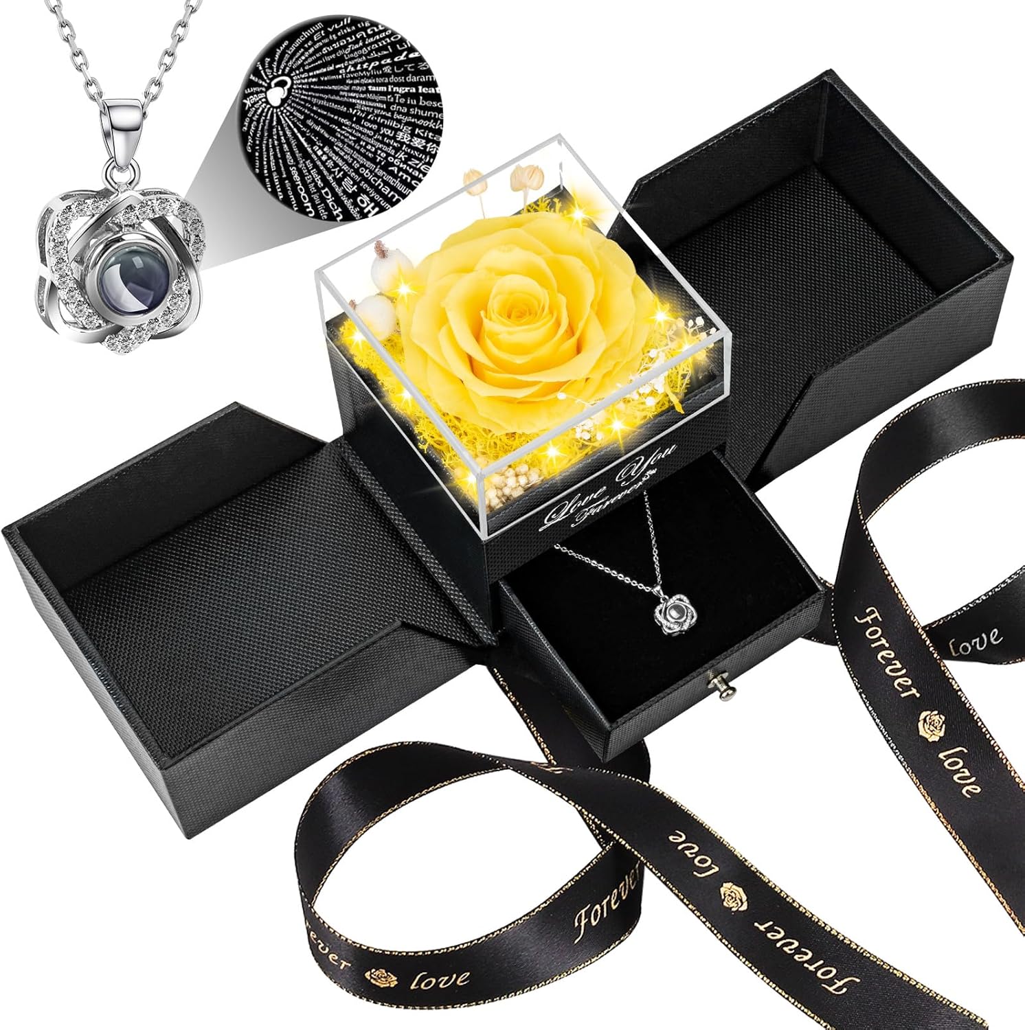 Apragaz Preserved Yellow Real Rose with Heart I Love You Necklace -Eternal Flowers Rose Birthday Gifts for Her Mom Wife Girlfriend Grandma on Valentines Mothers Day Christmas Anniversary Romantic -Birthday Gifts for Women