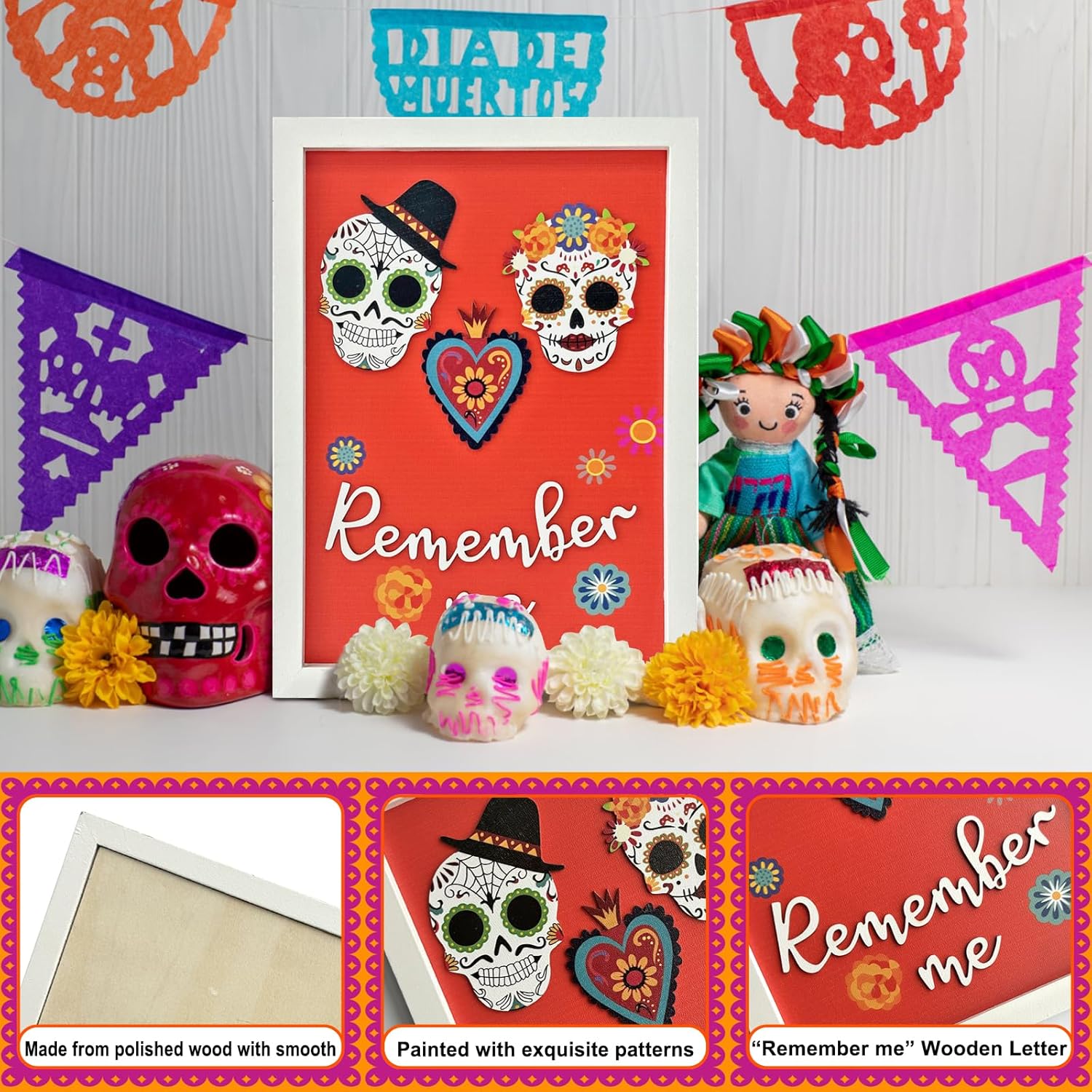 Dia De Los Muertos Decorations, Day of the Dead Decorations, Recuerdame Dia de Los Muertos Wood Sign for Ofrenda, 3D Sugar Skull for dia de los muertos altar(Framed, 8x12 Inch)