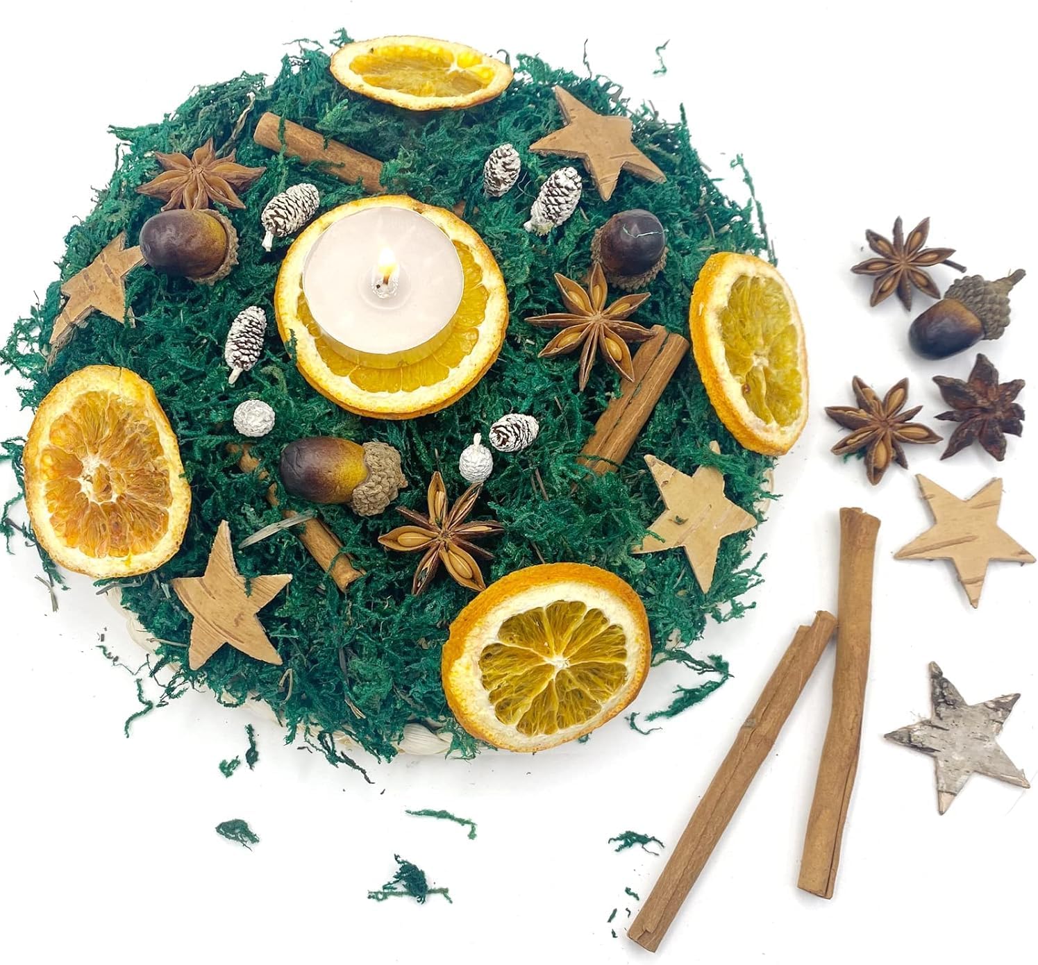 Christmas Potpourri Bowl Filler, 6.09 OZ Christmas Bowl Filler, Dried Orange Slices Cinnamon Scented Potpourri, Holiday Dark Green Moss Potpourri Bowl Filler Xmas Table Centerpiece Decor (Dark Green)