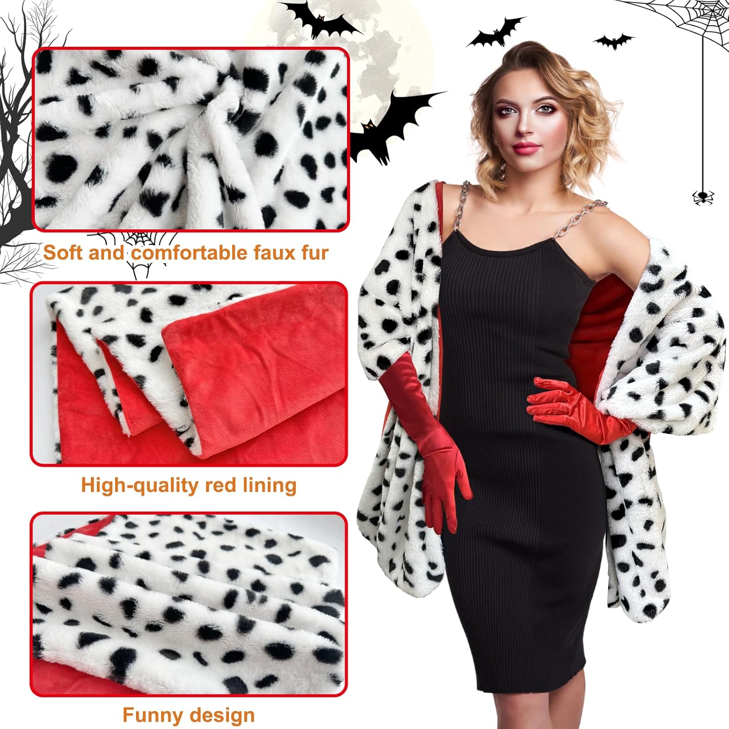Halloween Costume Women, Halloween Costume for Women with Dalmatian Shawl, 1920s Red Gloves and Long Plastic Holder, Dalmatian Costume Women Coat Jacket for Adult Cosplay Party
