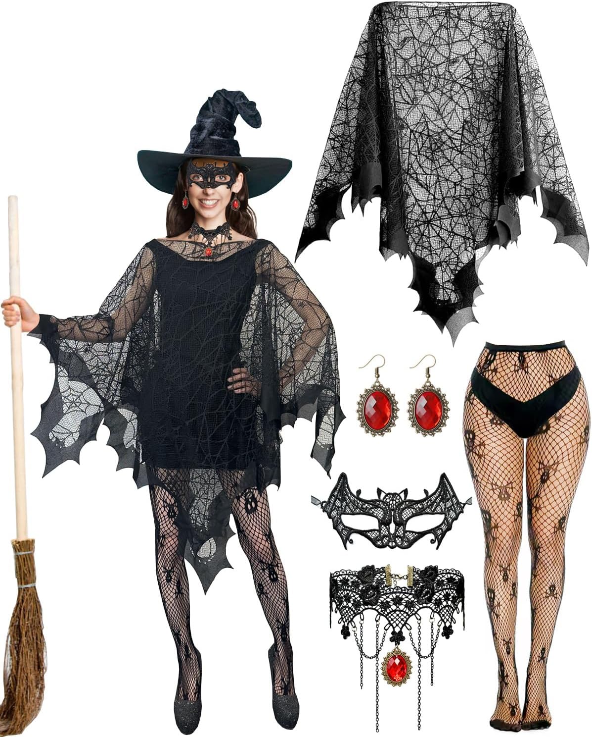 Apragaz 5 Pcs Halloween Costumes for Woman, Black Spider Web Poncho, Socks, Necklace, Mask And Spider Red Earrings, Witch Costume for Halloween Cosplay Party, Disfraz de Halloween para Mujer(One Size)