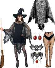 Apragaz 5 Pcs Halloween Costumes for Woman, Black Spider Web Poncho, Socks, Necklace, Mask And Spider Red Earrings, Witch Costume for Halloween Cosplay Party, Disfraz de Halloween para Mujer(One Size)