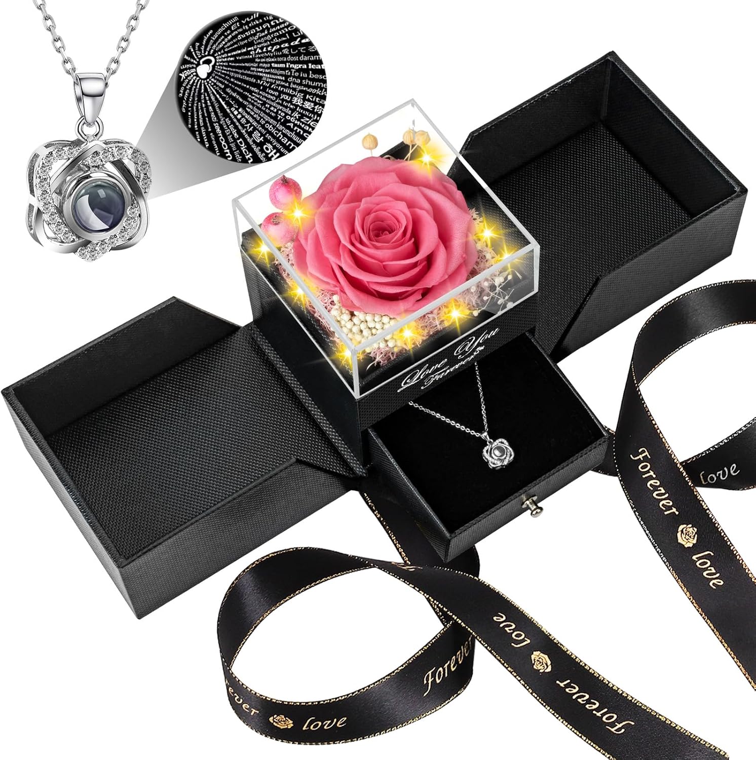 Apragaz Preserved Pink Real Rose with Heart I Love You Necklace -Eternal Flowers Rose Birthday Gifts for Her Mom Wife Girlfriend Grandma on Valentines Mothers Day Christmas Anniversary Romantic-Pink