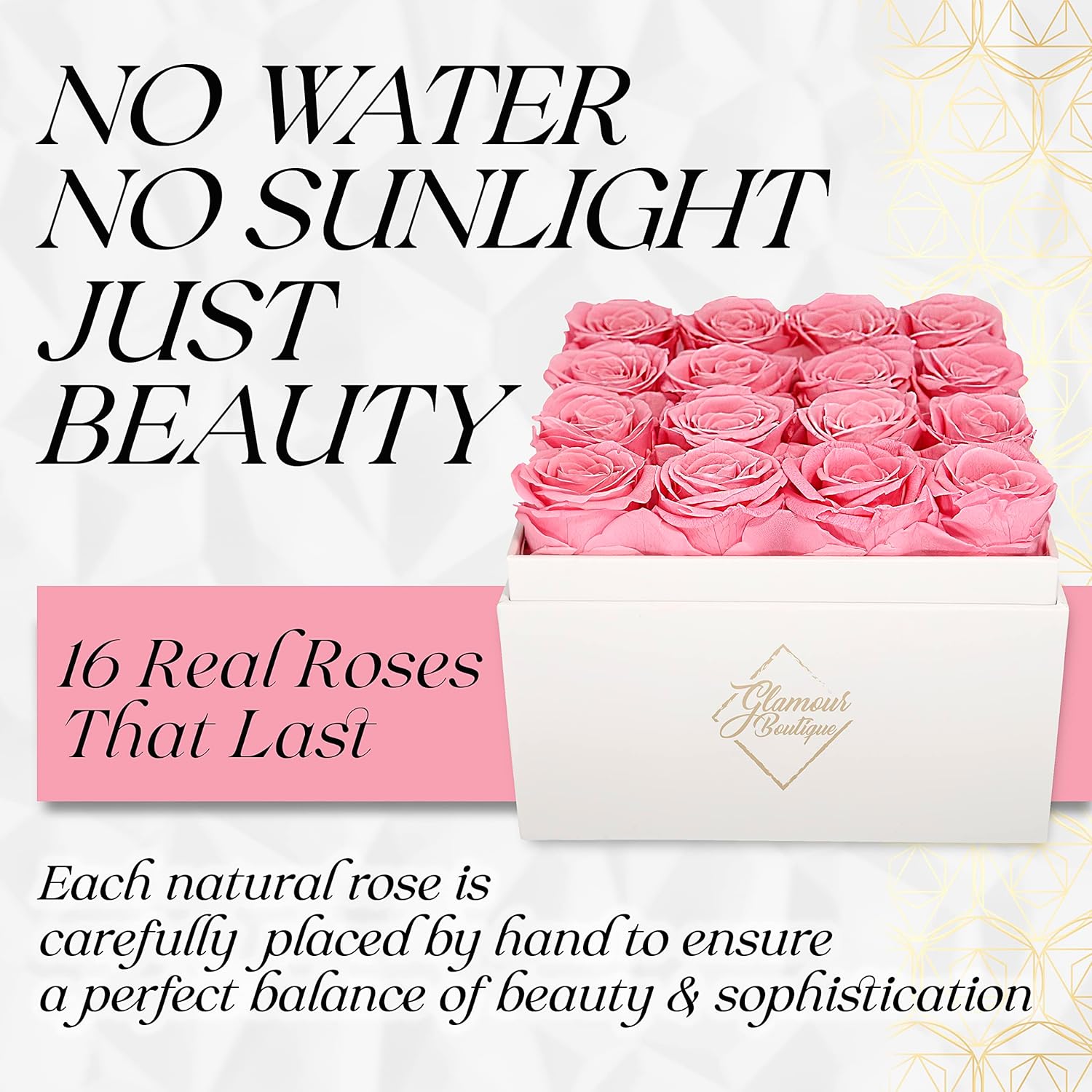 Preserved Roses in a Box - Valentines Day Gifts for Her & Mom, 16-Piece Rose Flowers Decor for Birthday Gift, Cased in White Box with Acrylic Cover,Made From a Real Rose 6.9" x 6.9" x 5.5" - Pink