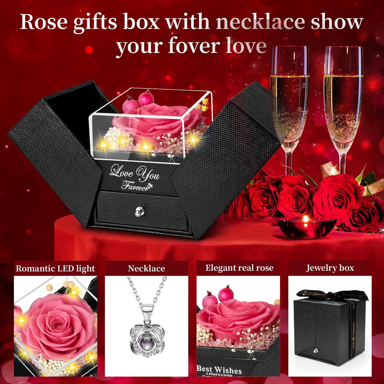 Apragaz Preserved Pink Real Rose with Heart I Love You Necklace -Eternal Flowers Rose Birthday Gifts for Her Mom Wife Girlfriend Grandma on Valentines Mothers Day Christmas Anniversary Romantic-Pink