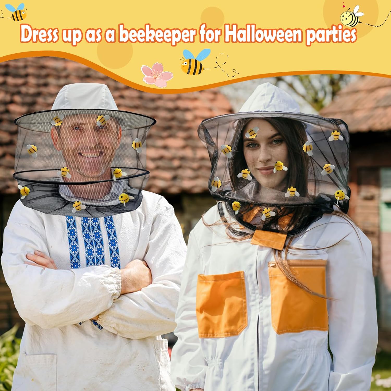 Apragaz 56pcs Beekeeper Set Including 2 Beekeeper Hats with Veil, 24 Wool Felt Bees, 30 Double-Sided Adhesive Dots- Couples Halloween Costumes for Mens and Women's Bee Keeper Costume Supplies