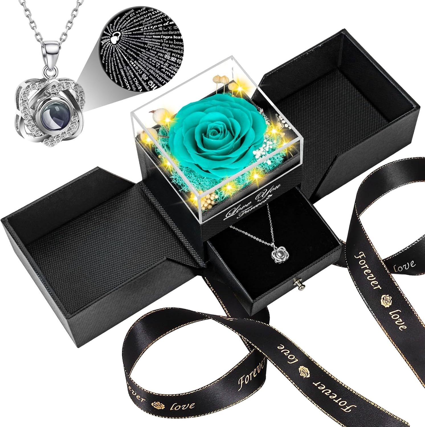 Preserved Negro blue Real Rose with Heart I Love You Necklace -Eternal Flowers Rose Birthday Gifts for Her Mom Wife Girlfriend Grandma on Valentines Mothers Day Christmas Anniversary Romantic -Gift For women