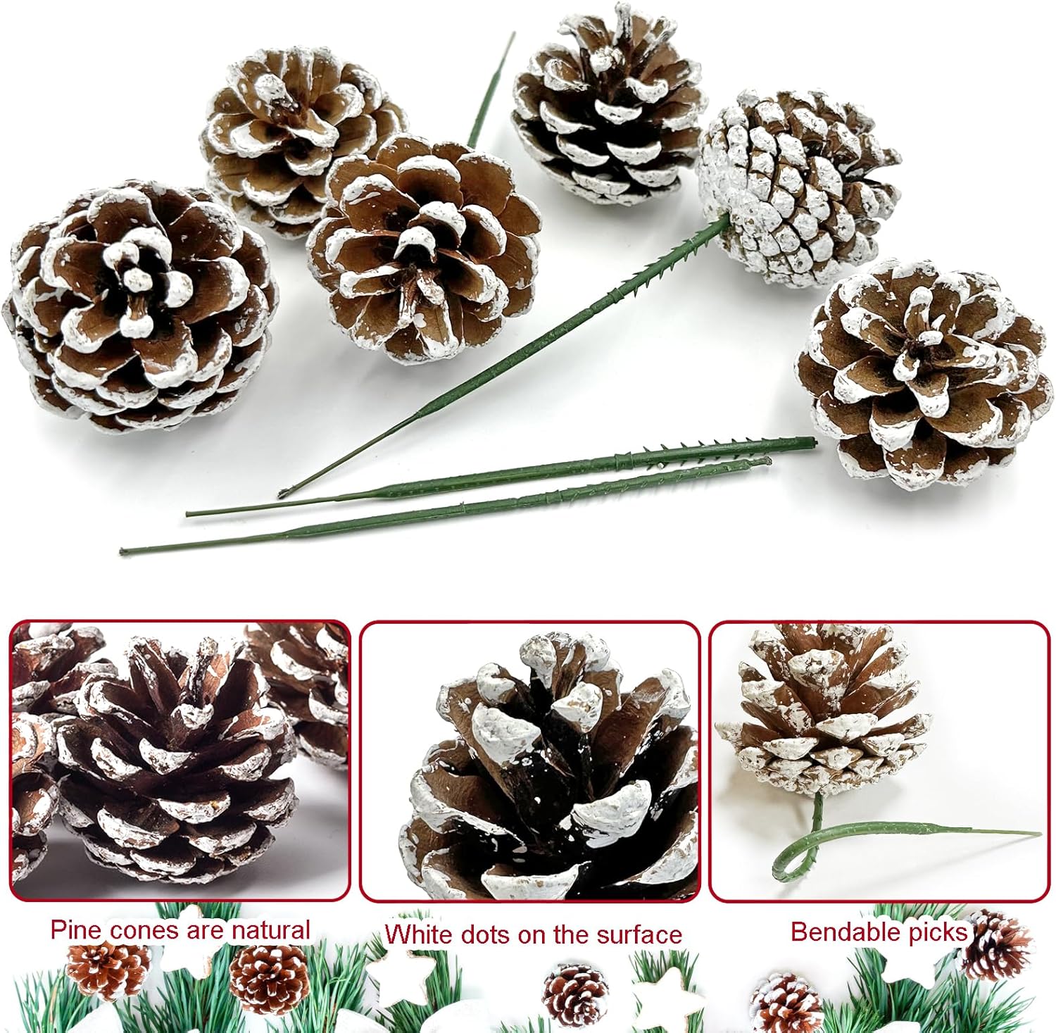 20pcs Christmas Pine Cones Picks Decorations, 2 inch Snow Pinecone Picks, Natural Pine Cones with Wired Stems for Xmas Tree, Floral Arrangements, Wreath, Crafts, Garland, Holiday Home Party Decorating