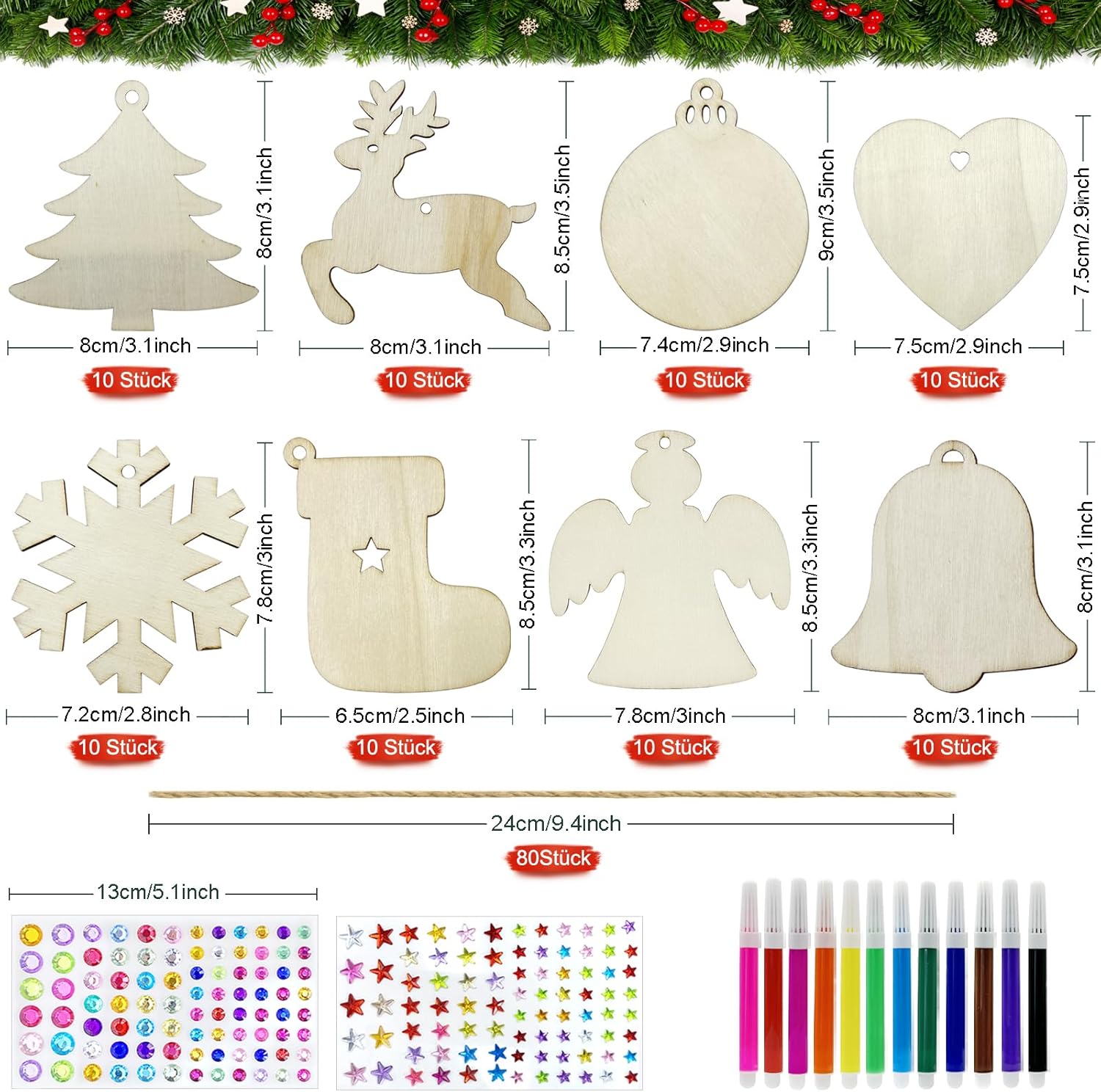 80 Pcs Wooden Christmas Ornaments for Crafts, 8 Styles Unfinished Wood Ornaments With Pens, Gem and Star Stickers, Blank Wood Christmas Tree Ornaments for Kids Adults DIY Craft Xmas Hanging Decoration