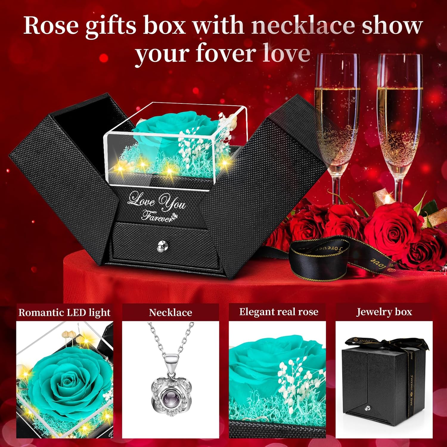 Preserved Negro blue Real Rose with Heart I Love You Necklace -Eternal Flowers Rose Birthday Gifts for Her Mom Wife Girlfriend Grandma on Valentines Mothers Day Christmas Anniversary Romantic -Gift For women