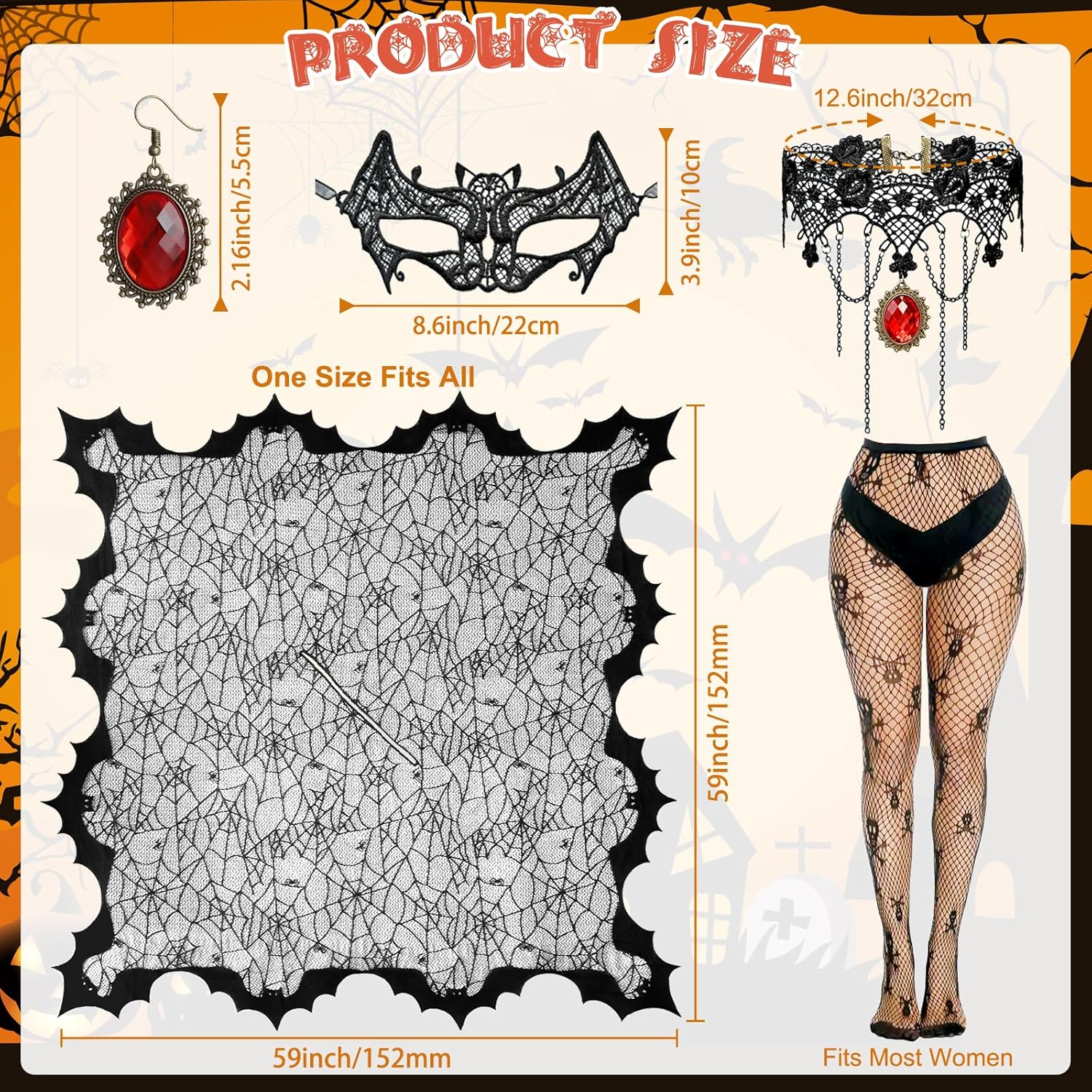 Apragaz 5 Pcs Halloween Costumes for Woman, Black Spider Web Poncho, Socks, Necklace, Mask And Spider Red Earrings, Witch Costume for Halloween Cosplay Party, Disfraz de Halloween para Mujer(One Size)