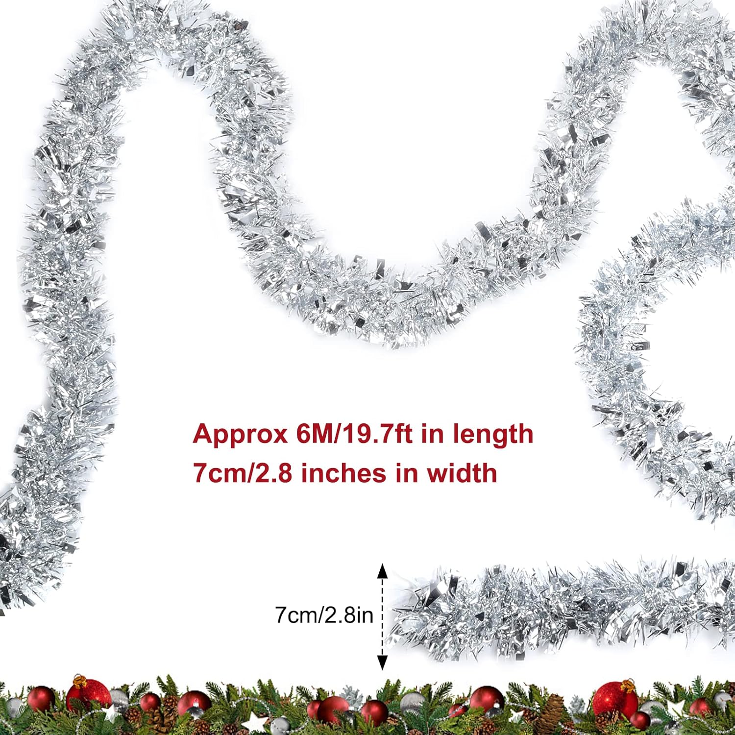 Apragaz Christmas Tinsel Garland - Silver Tinsel Garland- 6m, Metallic Tinsel Twist Garland Christmas Decoration for Christmas Trees, Parties, Weddings, and DIY Crafts