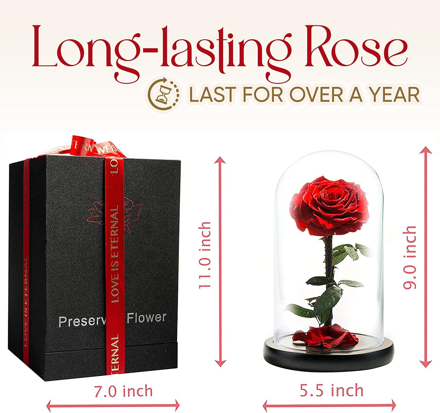 Forever Preserved Rose - Eternal Rose in Glass Dome - Beauty and The Beast Rose for Mom - Fresh Flowers for Delivery-gift for friend (Red, 9 Inch)