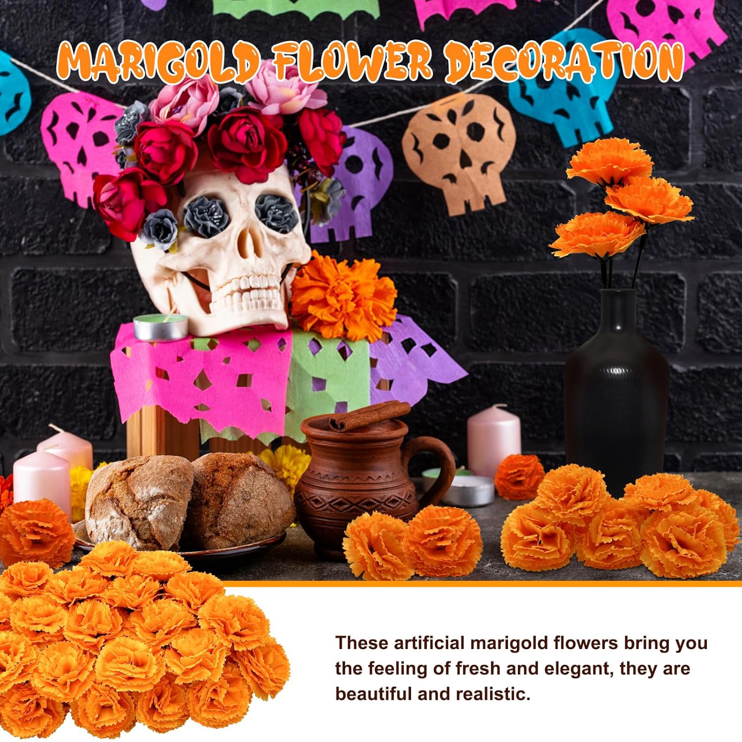 50Pcs Marigold Flowers Heads with Stems, Silk Marigolds Artificial Flowers for Dia De Los Muertos, Orange Cempasuchil Flower Bulk for Day of the Dead Altar Ofrenda, Diwali, Party, Halloween,Home Decor