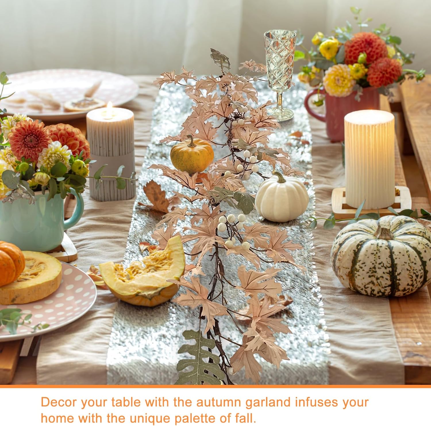 Apragaz Fall Garland - 6 ft Artificial Fall Leaves Garland with White Berries - Rustic Thanksgiving & Halloween Decor for Mantel, Fireplace, Porch, Indoor & Outdoor Home Decoration