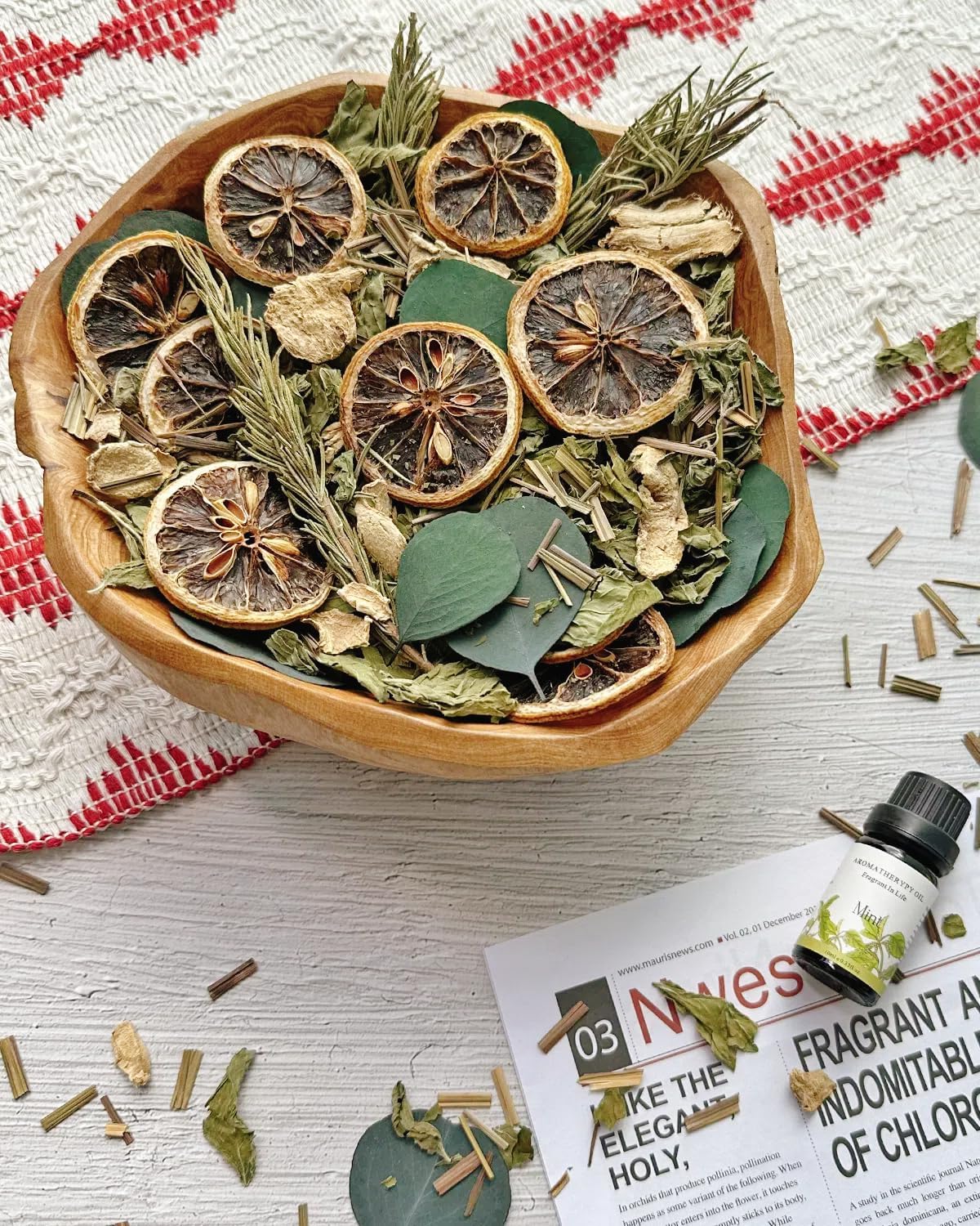 Orange Zest & Rosemary Scented Potpourri, Decorative Potpourri Bowl Filler with Dried Lemon Slices, Ginger, Peppermint Leaves, Refreshing and Spicy Home Fragrance for Vase Filler, Sachet, Fall, Winter