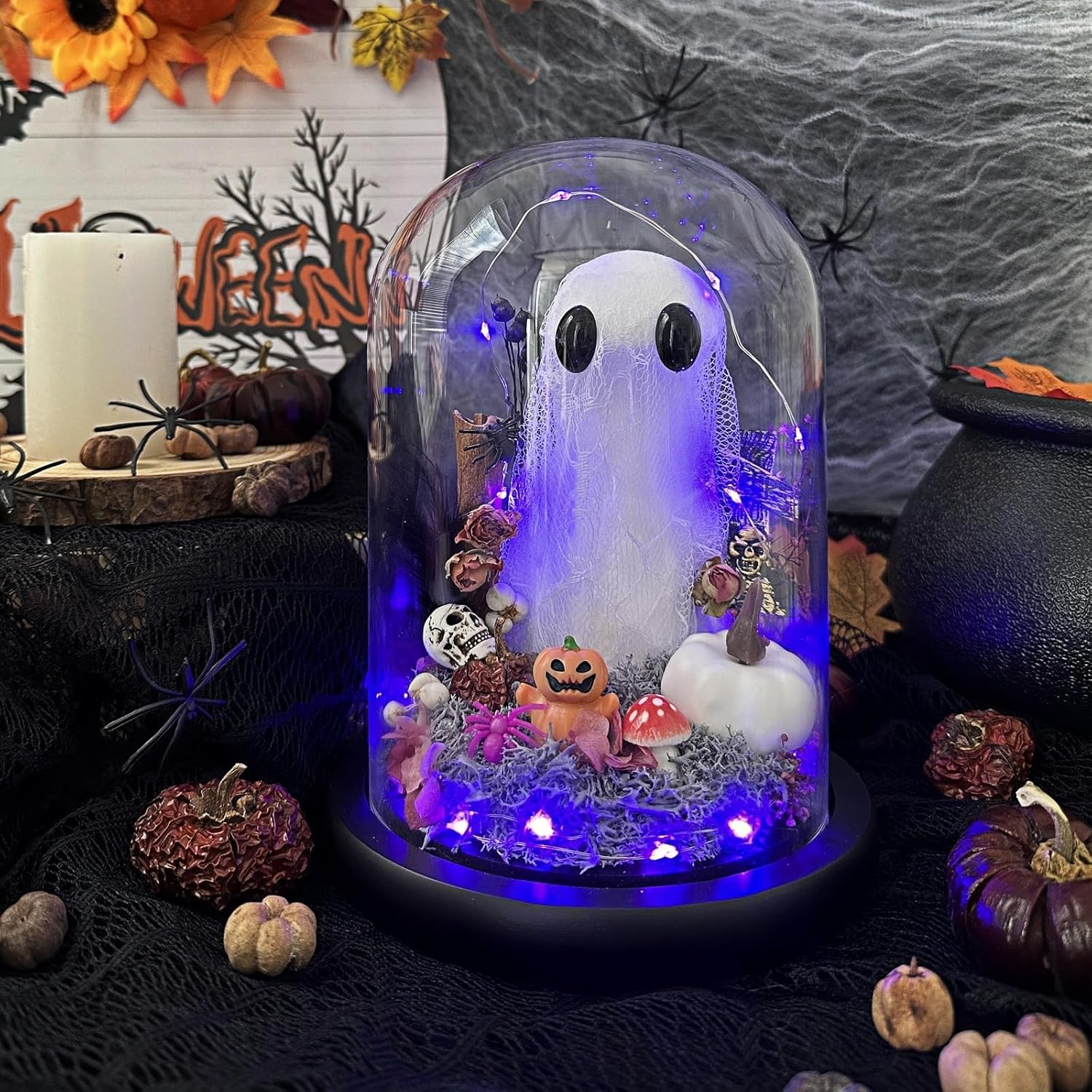Ghost Halloween Decor, Light Up Ghost in Glass Cloche, Light Up Halloween Decorations Indoor, Cute Ghost with Light for Halloween Gifts Spooky Gift, Goth Gift, Pet Ghost, Desk Buddy