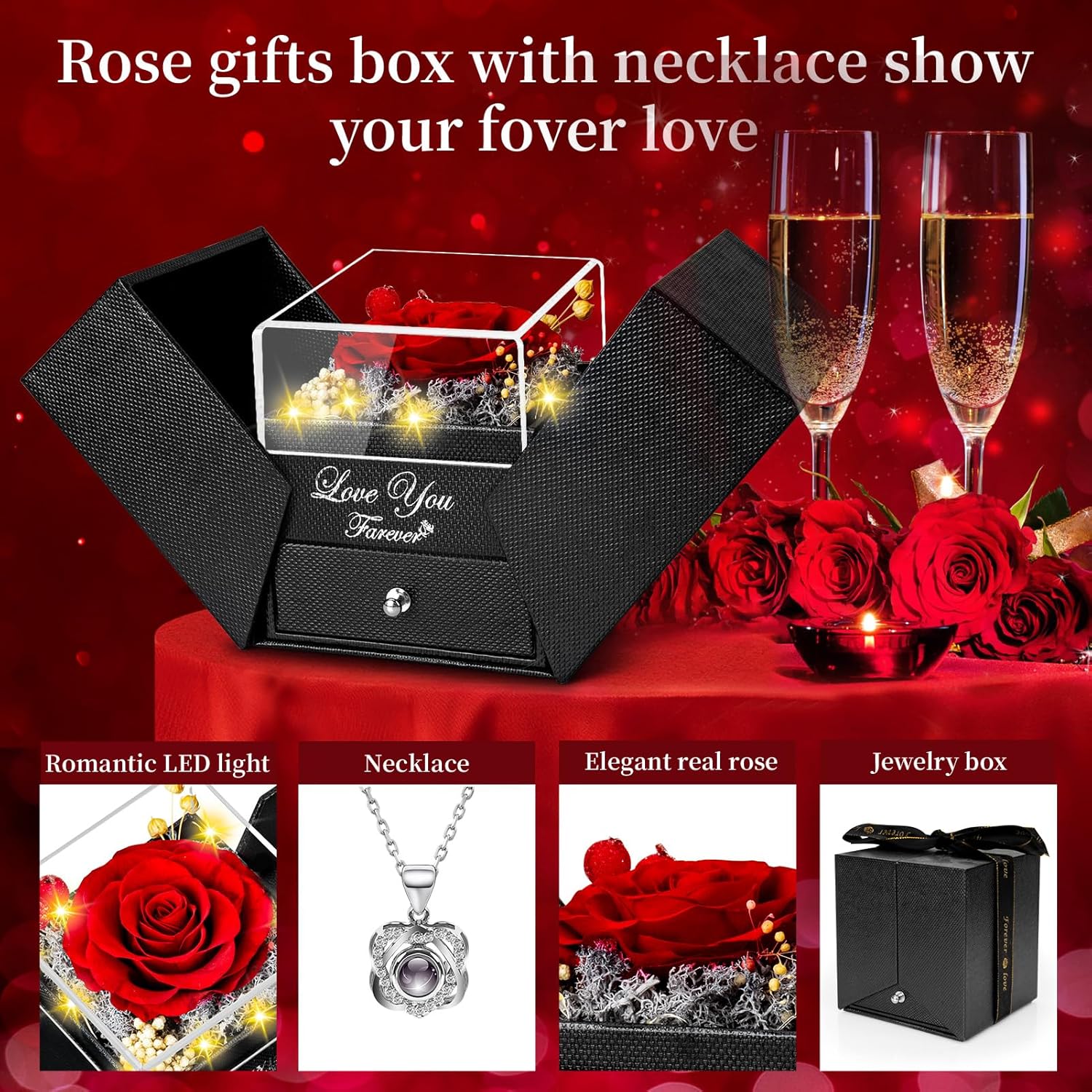 Apragaz Preserved Red Real Rose with Heart I Love You Necklace -Eternal Flowers Rose Birthday Gifts for Women Her Mom Wife Girlfriend Grandma on Valentines Mothers Day Christmas Anniversary Romantic-Red-Flowers In a Box-Made Of Real Nature Fresh Flowers