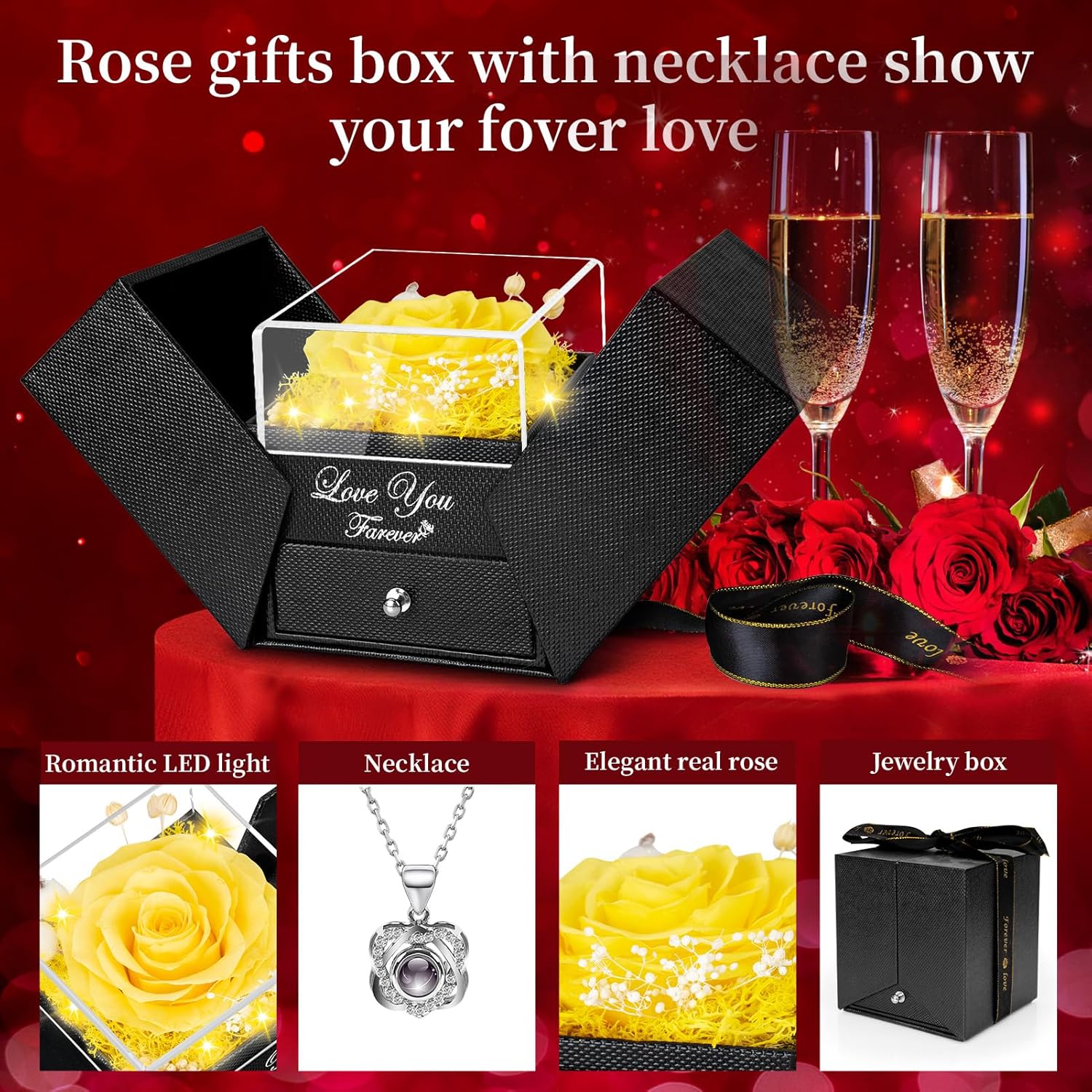 Apragaz Preserved Yellow Real Rose with Heart I Love You Necklace -Eternal Flowers Rose Birthday Gifts for Her Mom Wife Girlfriend Grandma on Valentines Mothers Day Christmas Anniversary Romantic -Birthday Gifts for Women