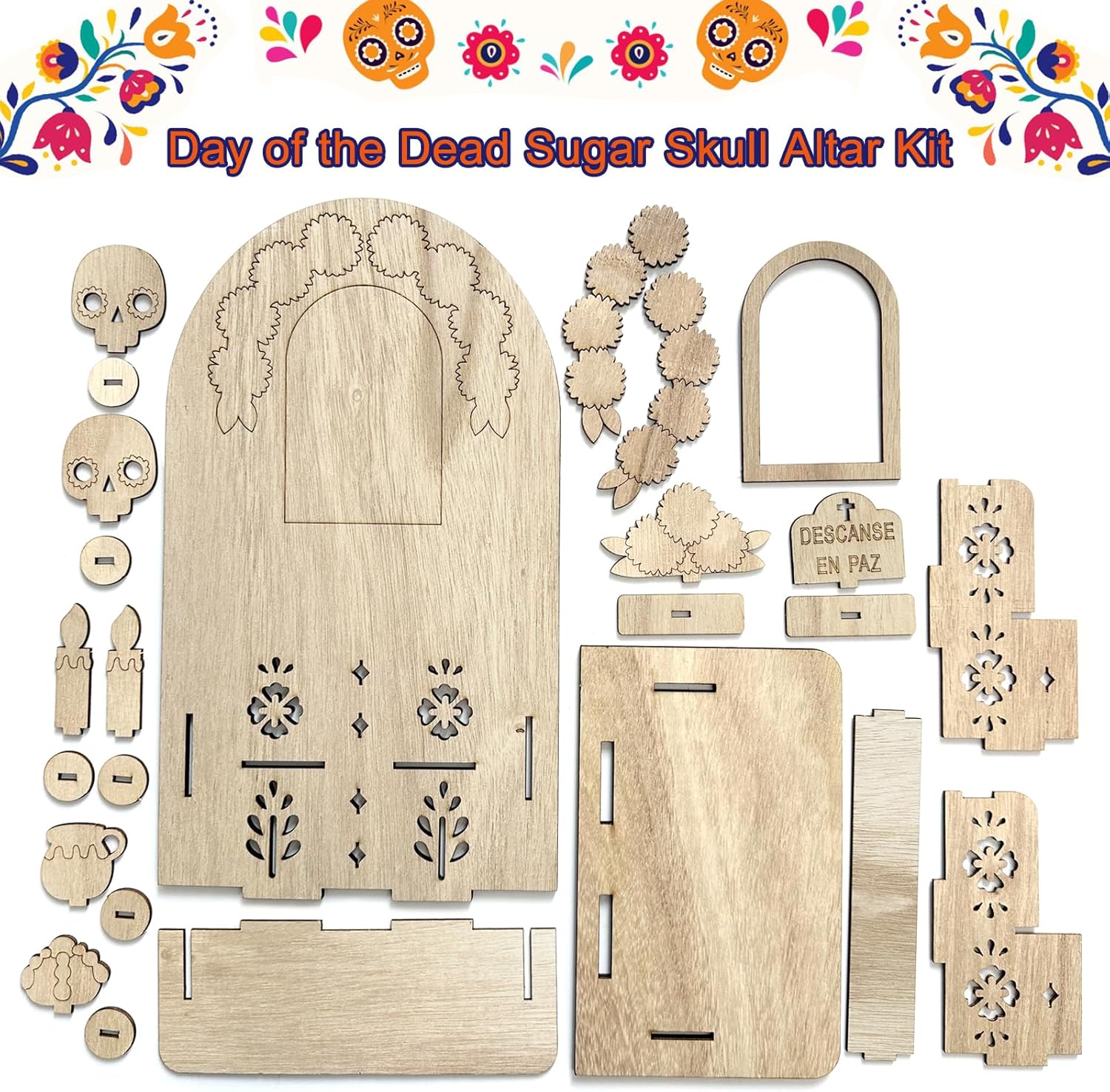 Day of The Dead Decorations, Dia De Los Muertos Altar with Altar Supplies 25pcs Log Coloured Wood Blocks and 12 Coloured Pencils, Ofrenda Altar for Dia De Los Muertos Decorations