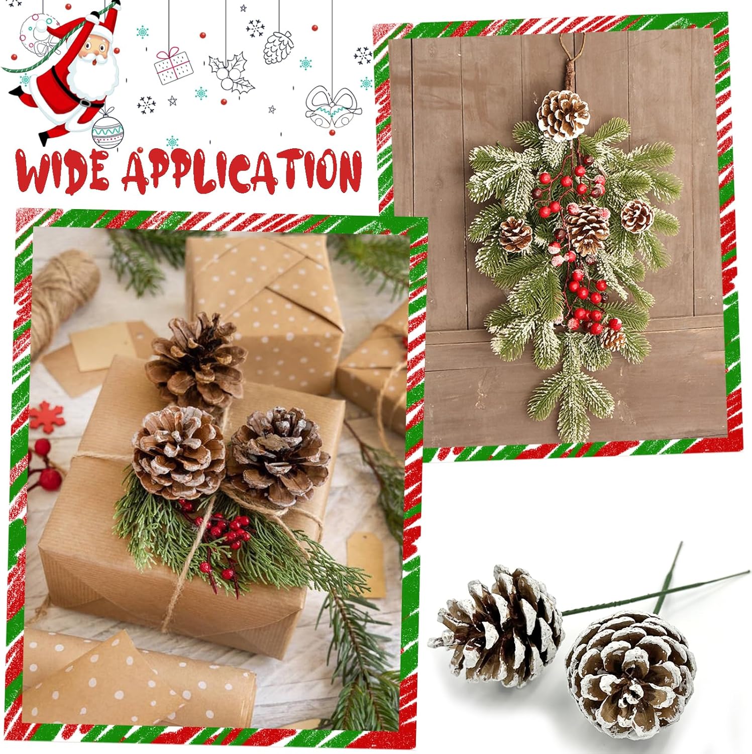 20 PCS Christmas Pine Cones, 2-2.4 Inch Large Natural Pine Cones, Snow Pinecones with 5 Inch Wired Pick for Christmas Tree, Holiday Wreath Garland Ornaments DIY Craft Decorations
