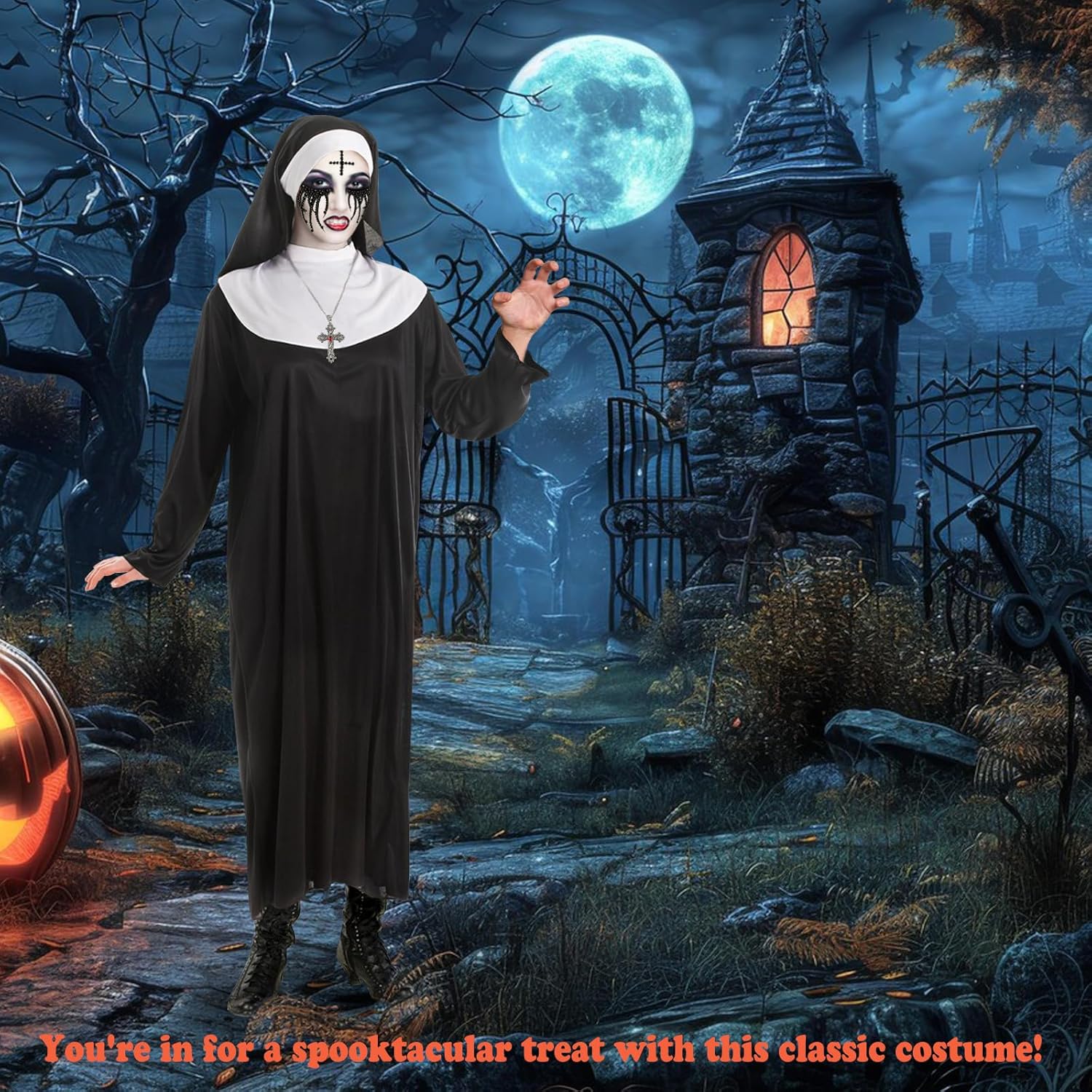 4pcs Nun Halloween Costume, Nun Costume Adult Women Accessories with Nun Headpiece Nun Cross Nun Rhinestone Tattoo and Nun Outfit Women for Halloween Party Cosplay , Carnival Theme Party Costumes