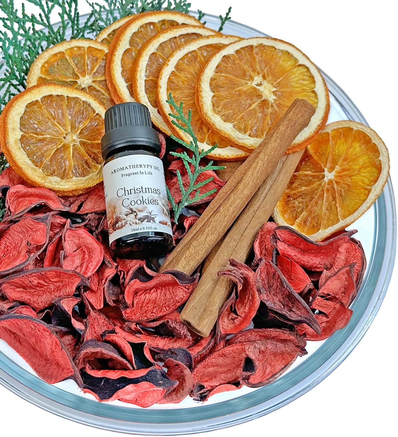 Apragaz Christmas Potpourri-Red Christmas Vase Filler with Cinnamon Sticks, Dried Orange Slices, Cedar Branches, Red Cotton Husks, Christmas Cookies Scent for House Christmas Bowl Filler Decor