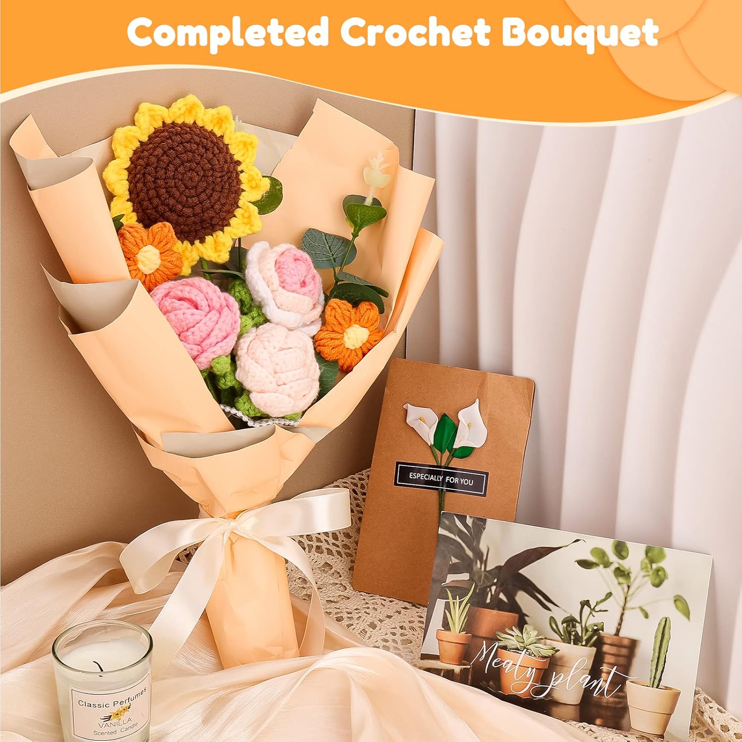 Completed Crochet Flowers Bouquet, Handmade Knitted Bouquet, Crochet Bouquet Kit Knitted Fake Sunflower Rose Daisy for Mother's Day Birthday Wedding Home Decor or Mom