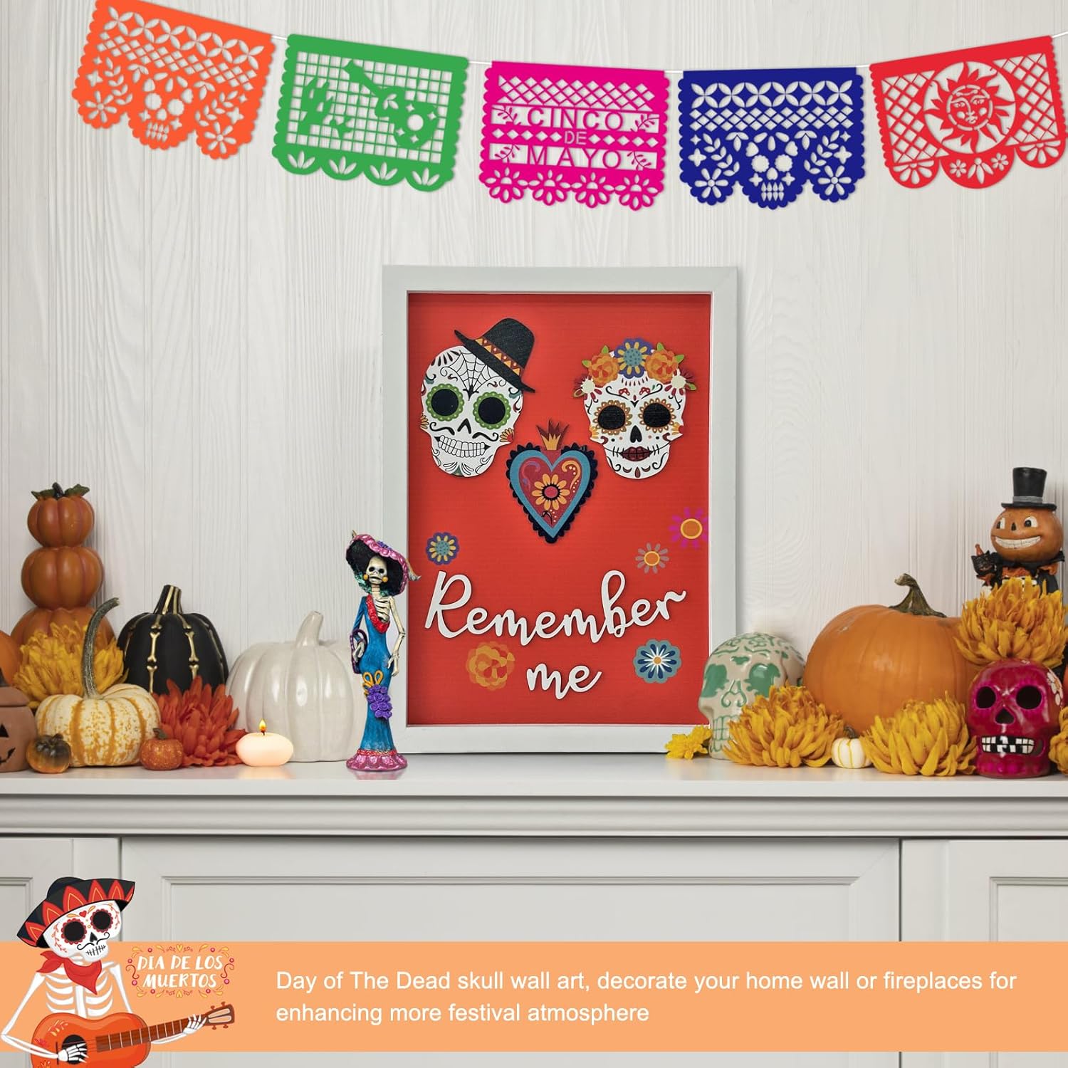 Dia De Los Muertos Decorations, Day of the Dead Decorations, Recuerdame Dia de Los Muertos Wood Sign for Ofrenda, 3D Sugar Skull for dia de los muertos altar(Framed, 8x12 Inch)