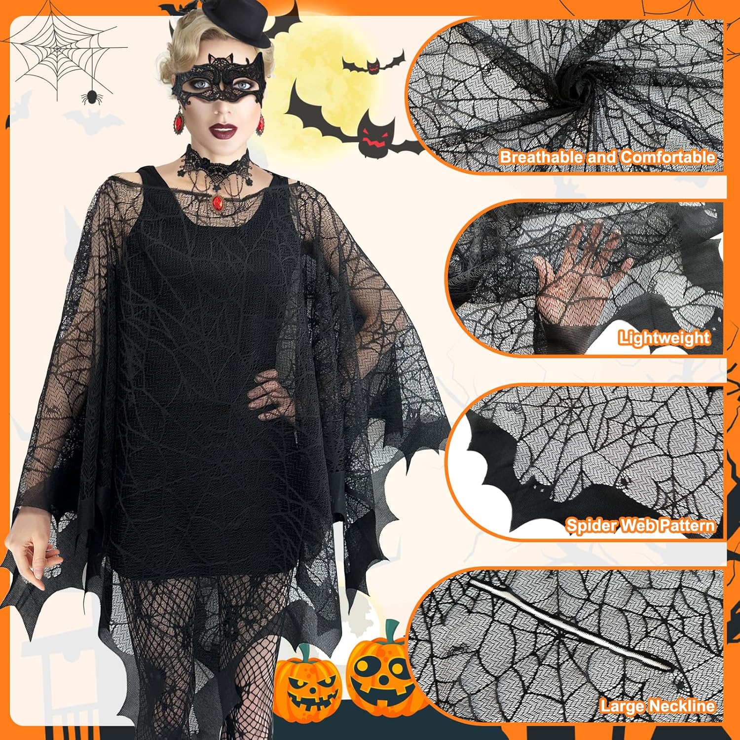 Apragaz 5 Pcs Halloween Costumes for Woman, Black Spider Web Poncho, Socks, Necklace, Mask And Spider Red Earrings, Witch Costume for Halloween Cosplay Party, Disfraz de Halloween para Mujer(One Size)